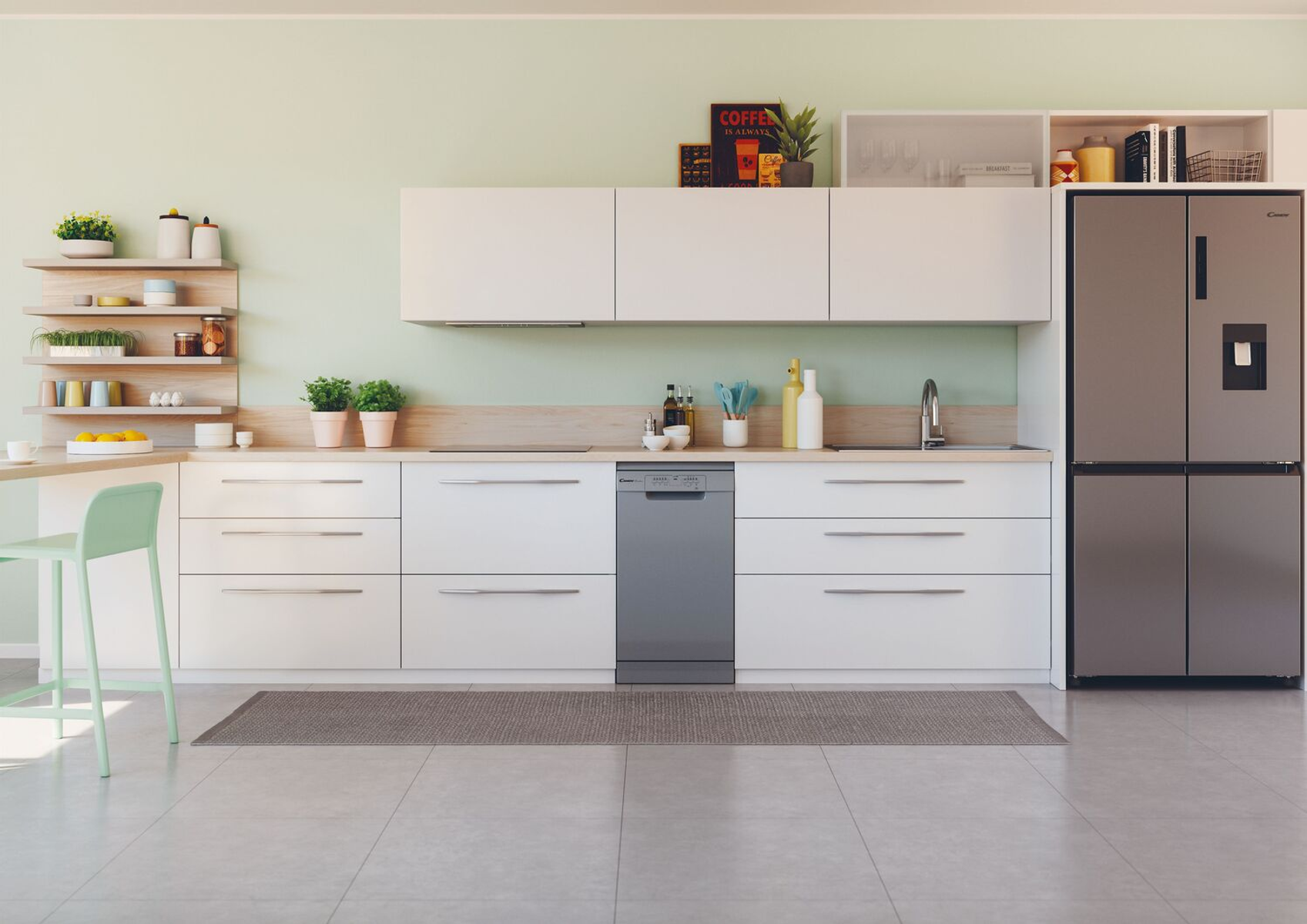 Cocina moderna con gabinetes blancos, lavavajillas y refrigerador de acero inoxidable.