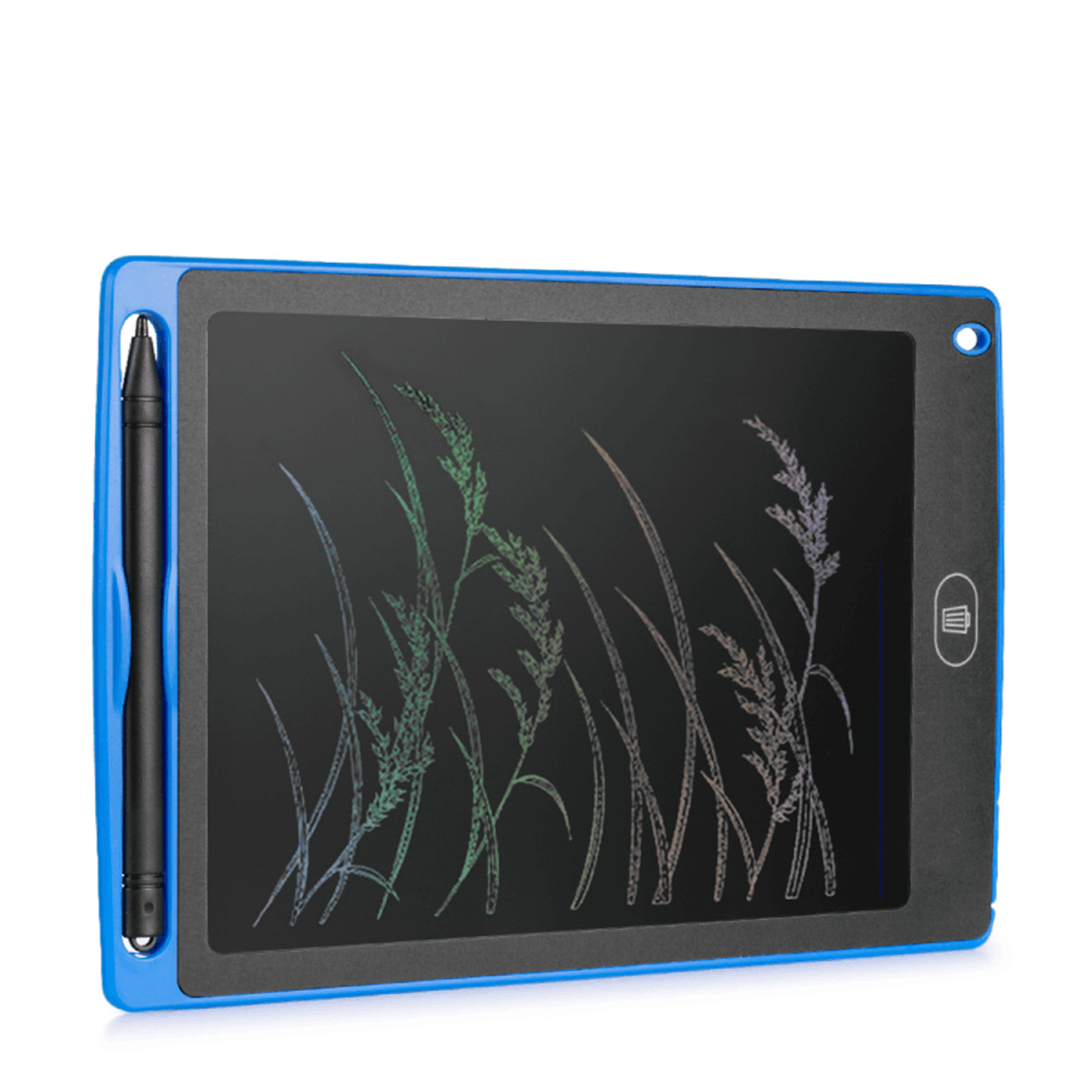 Tavoletta digitale rettangolare blu con stilo. Disegni verdi e viola sullo schermo.