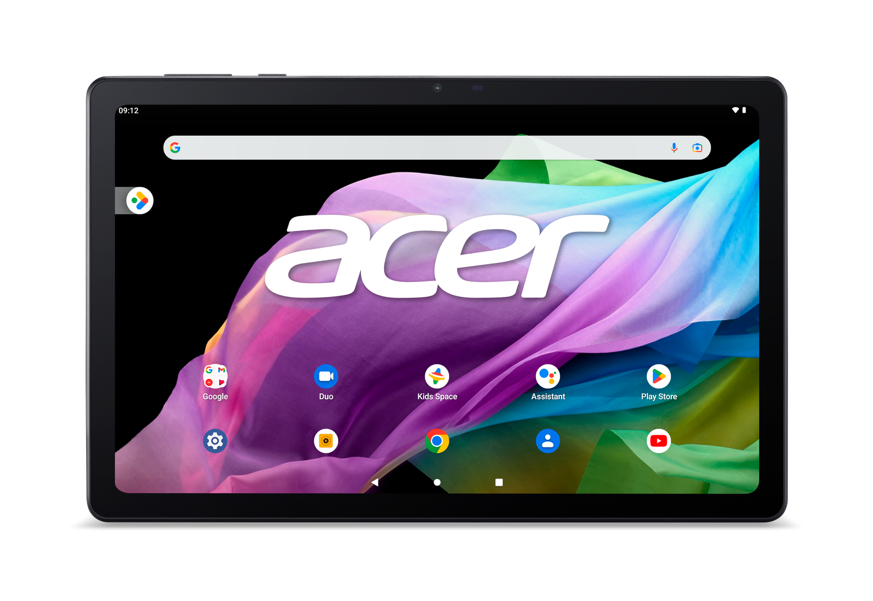 Tableta con el logotipo de Acer y pantalla colorida. Fondo negro.