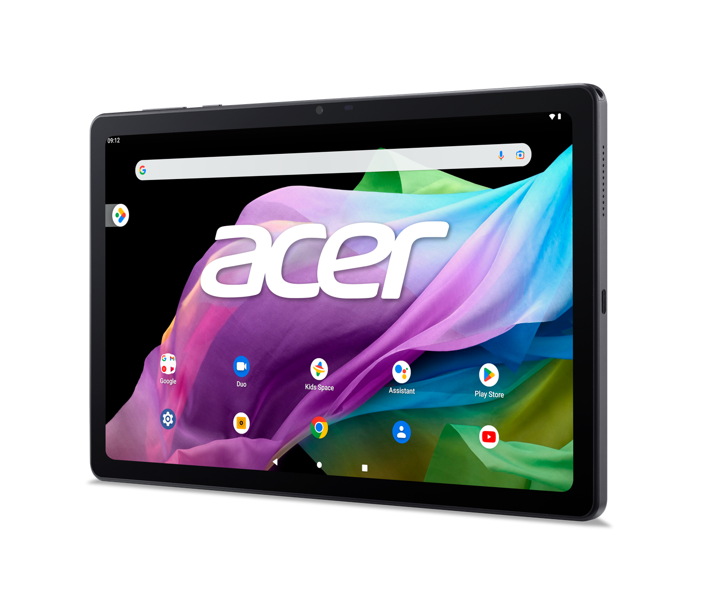 Una tableta negra. La pantalla muestra iconos de aplicaciones y el logotipo de Acer. Fondo negro.