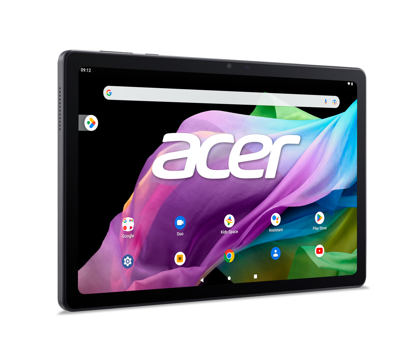 Tableta con el logotipo de Acer, mostrando gráficos coloridos, sobre fondo negro. Fondo blanco.