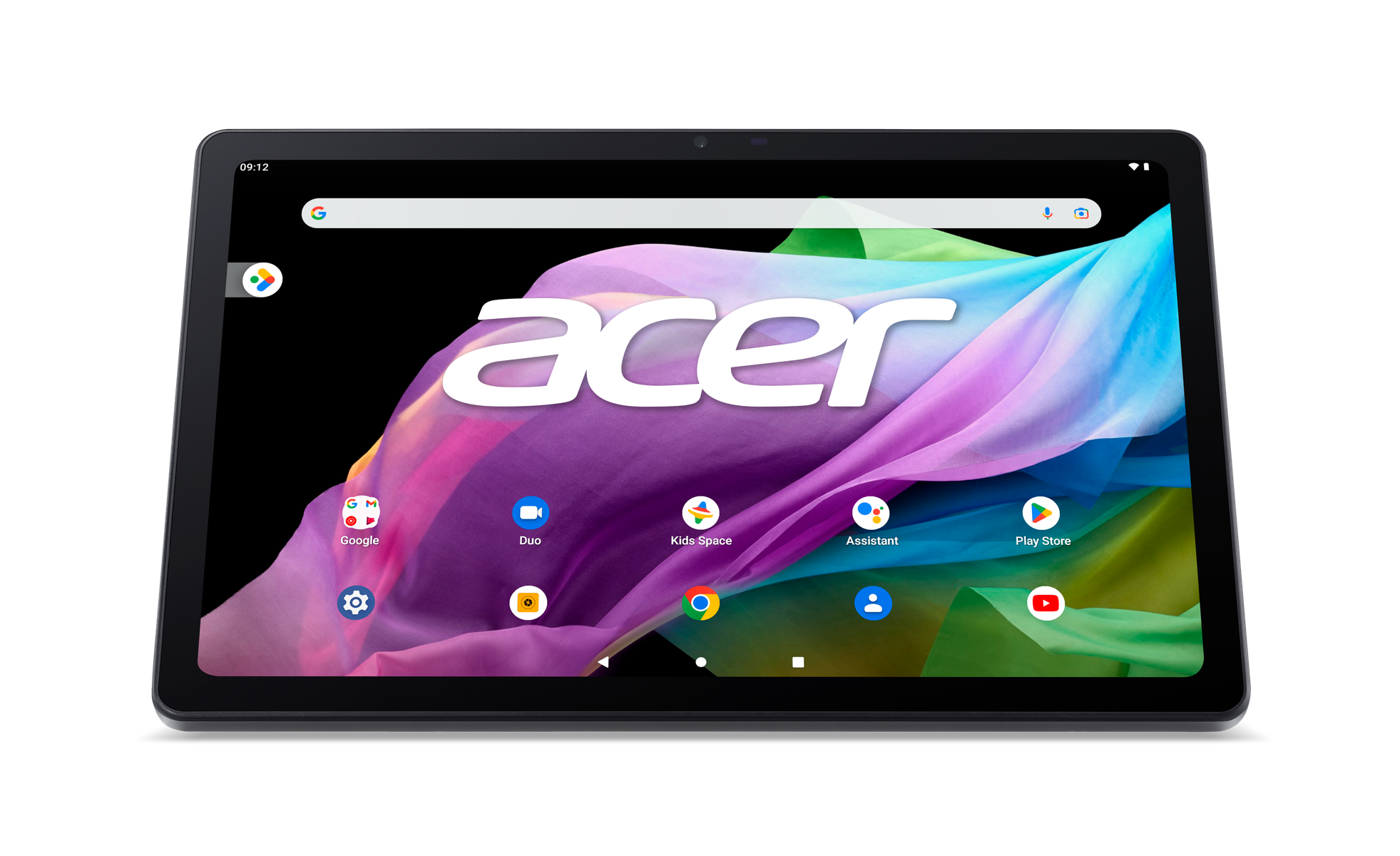 Una tableta negra con pantalla colorida, logotipo Acer y fondo negro.