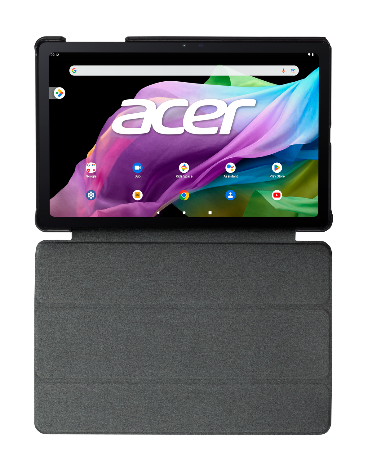 Tableta Acer negra con una funda, mostrando una pantalla colorida con aplicaciones.