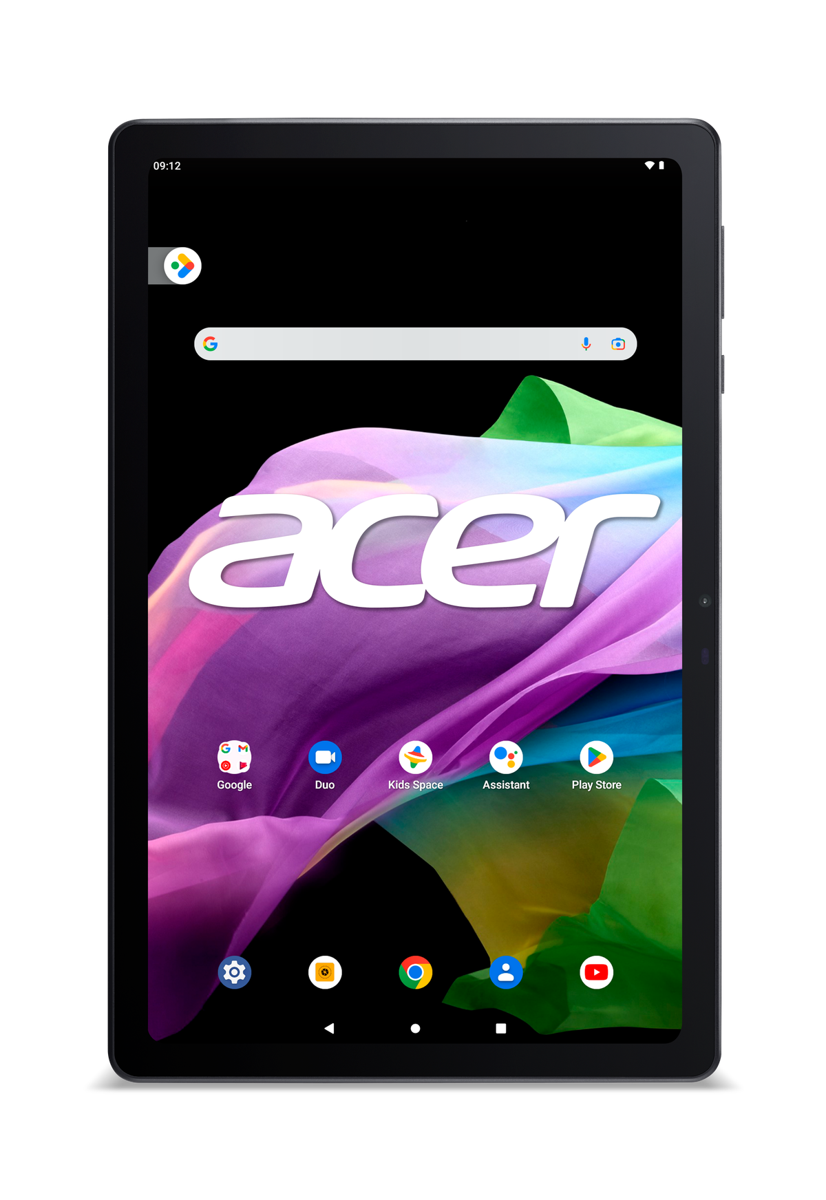 Tableta Acer negra con fondo colorido, mostrando iconos de aplicaciones, negro.
