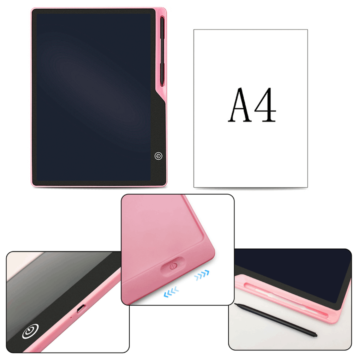 Tavoletta da disegno elettronica rosa, carta A4, dettagli, sfondo bianco.