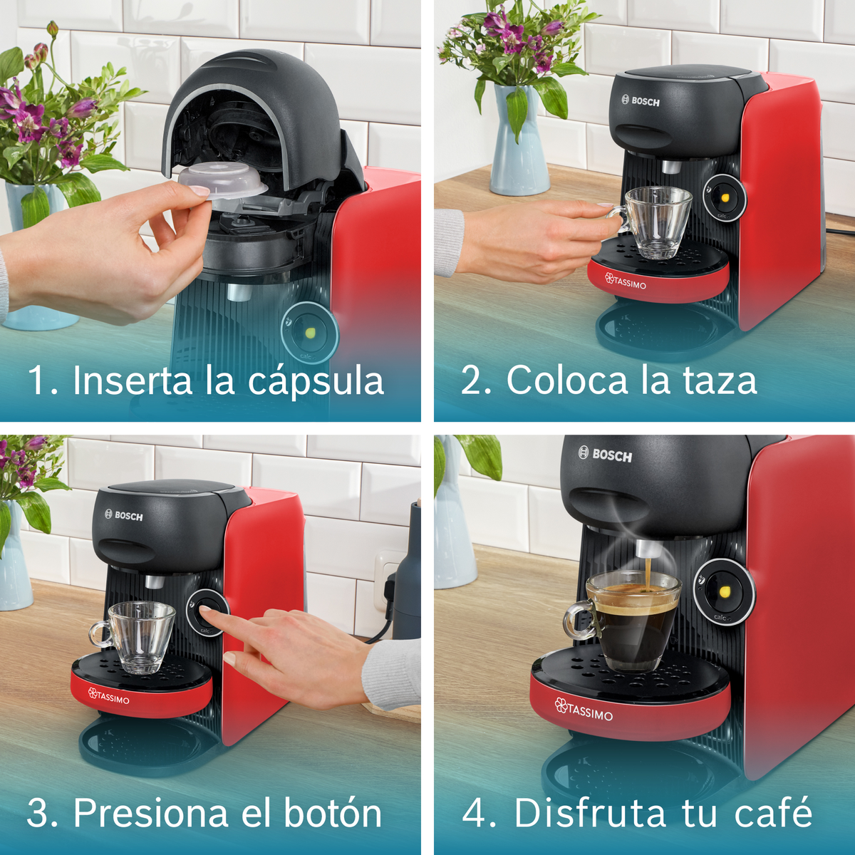 Imagen de cuatro pasos de una cafetera roja haciendo café, con instrucciones de texto.