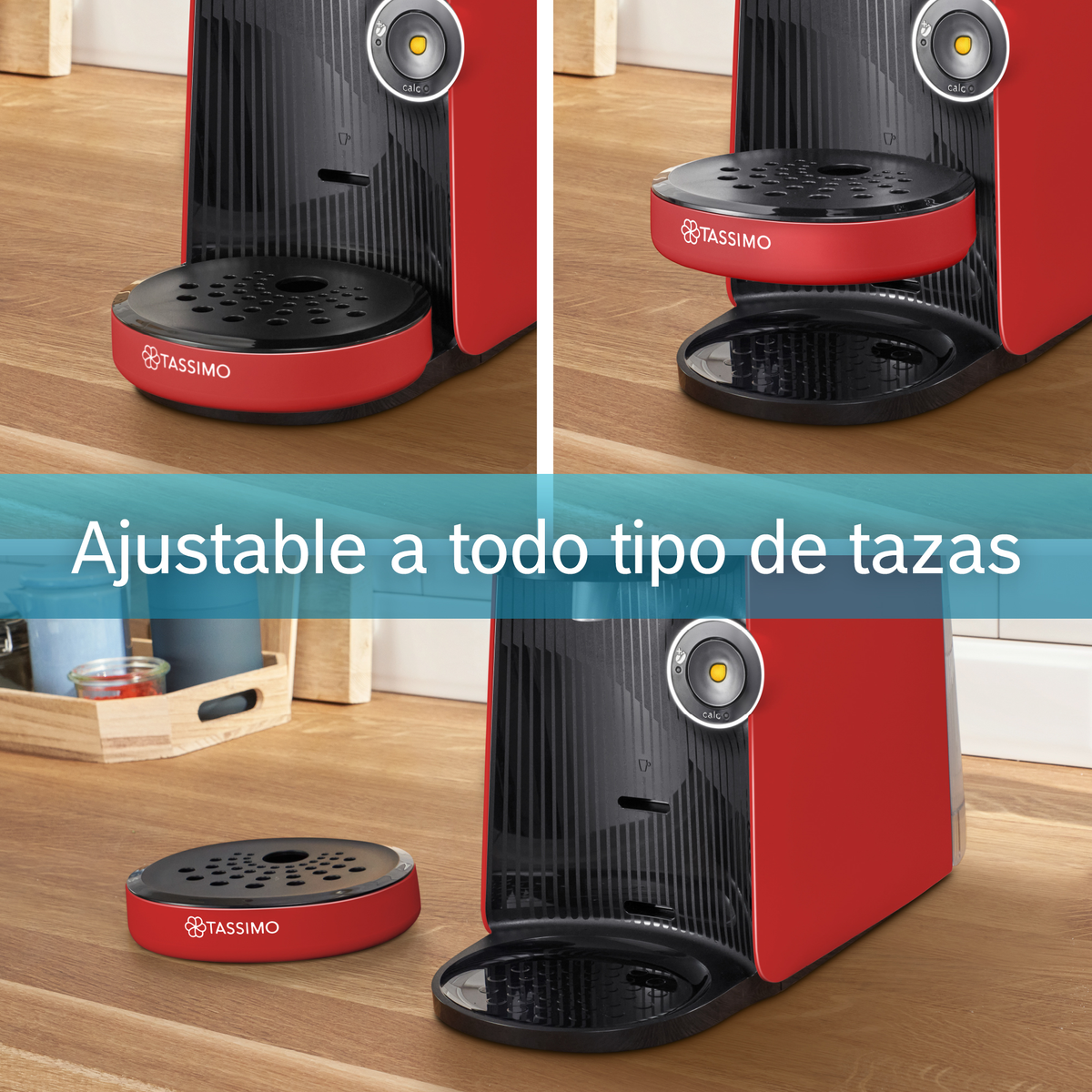 Cafetera Tassimo roja con múltiples vistas, ajustable a tamaños de taza.