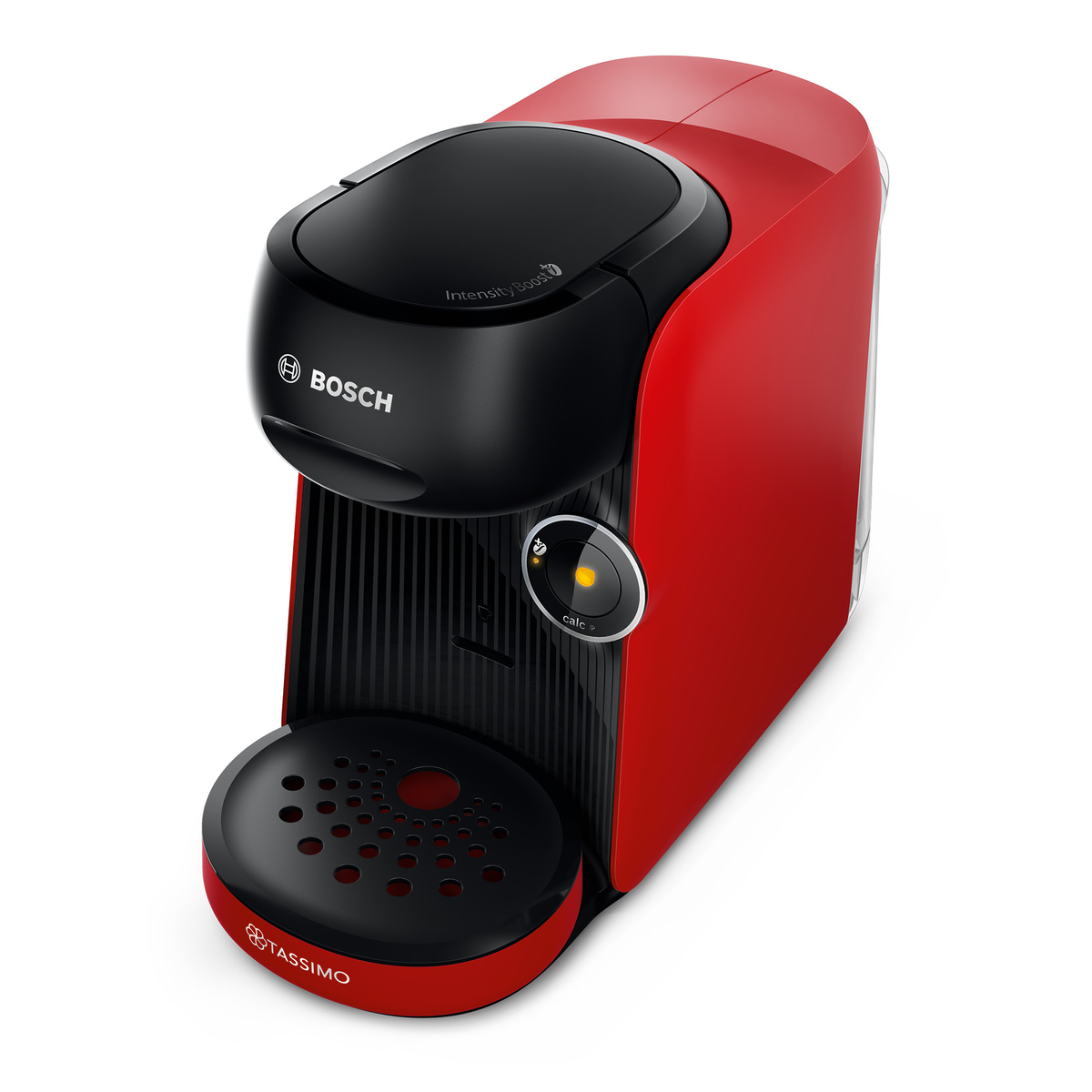 Cafetera Tassimo roja y negra sobre fondo blanco. Vista frontal.