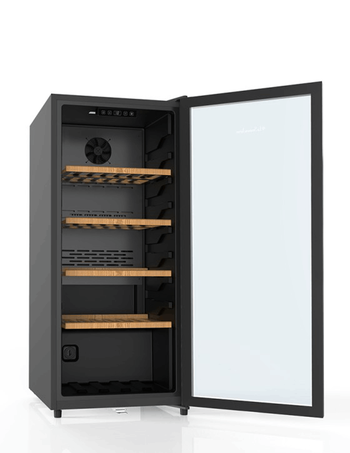 Enfriador de vino negro abierto con estantes de madera, puerta de vidrio y detalles.