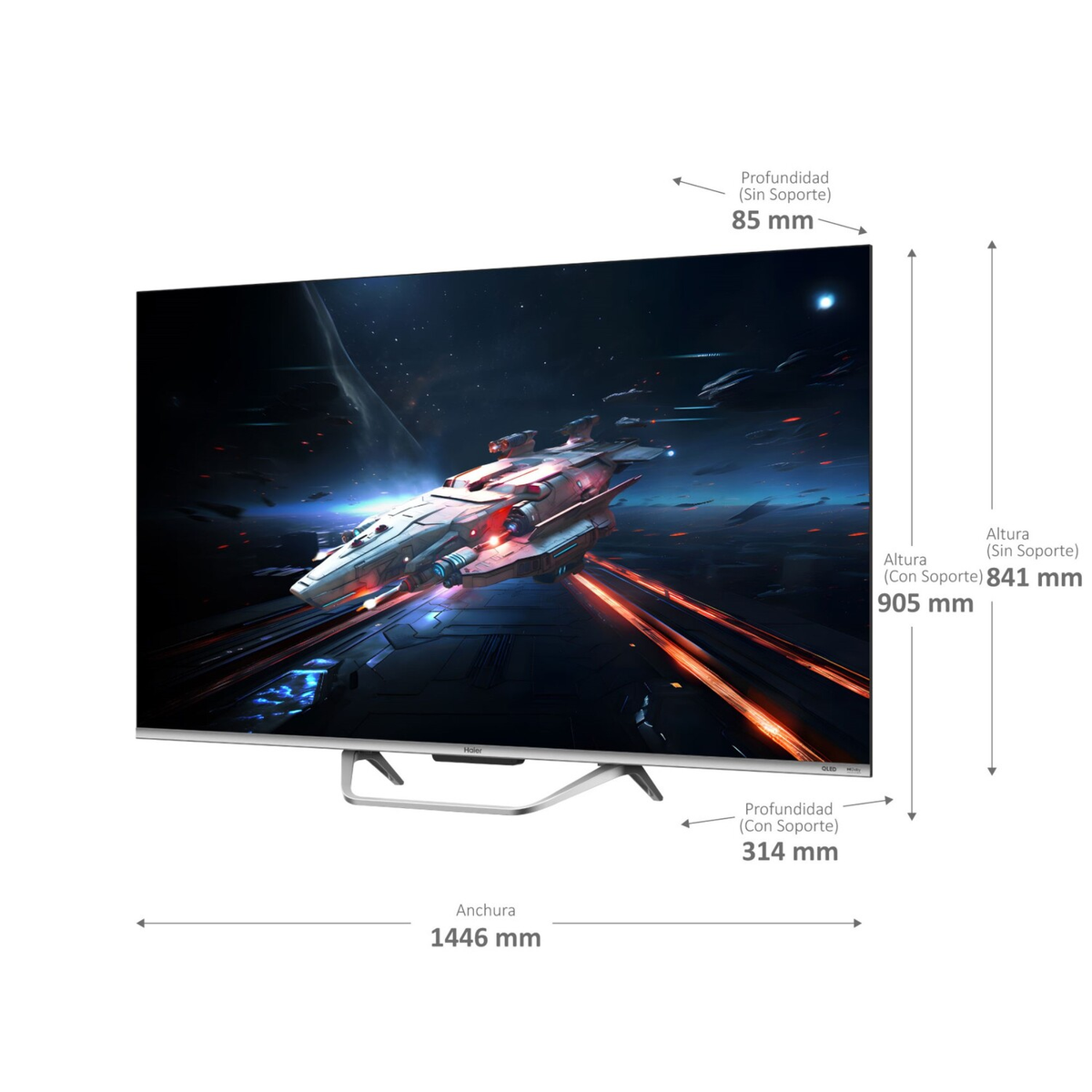 Wide-screen TV showing a spaceship in space. Dimensions are displayed with arrows. Black screen edges.