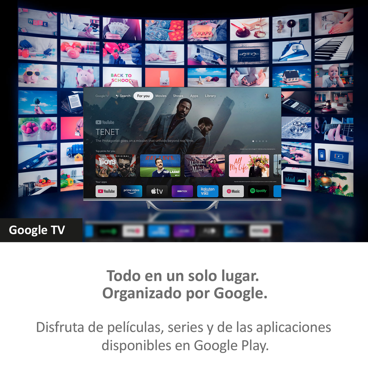 Ein Fernsehbildschirm mit verschiedenen Apps und Filmen, mit Google TV.