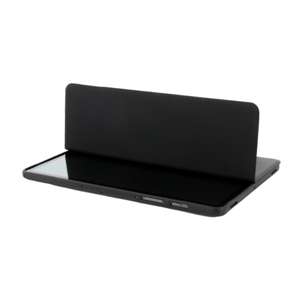 Una funda negra para tableta, abierta para mostrar la pantalla. La funda está sobre un fondo blanco.
