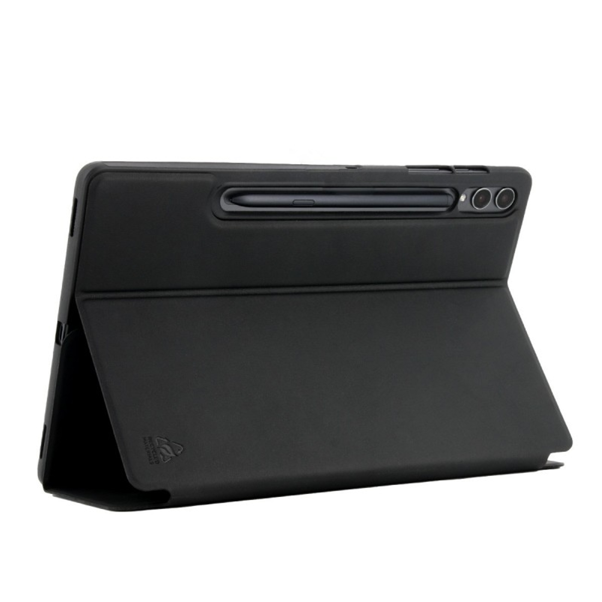 Tableta negra en una funda negra, con un lápiz óptico dentro. La funda está plegada en un soporte.