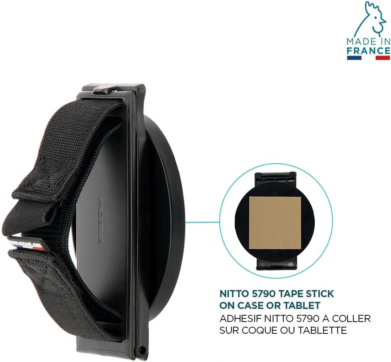 Soporte para tablet negro con correa negra y pegatina con texto 'Nitto 5790'.