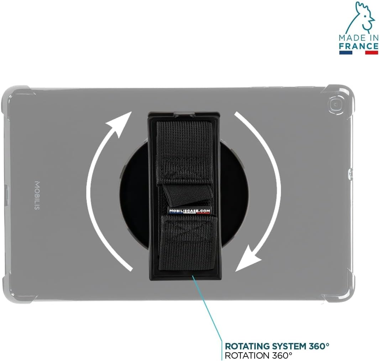 Funda de tableta con sistema giratorio. Correa negra en una funda transparente, flechas blancas indican rotación.