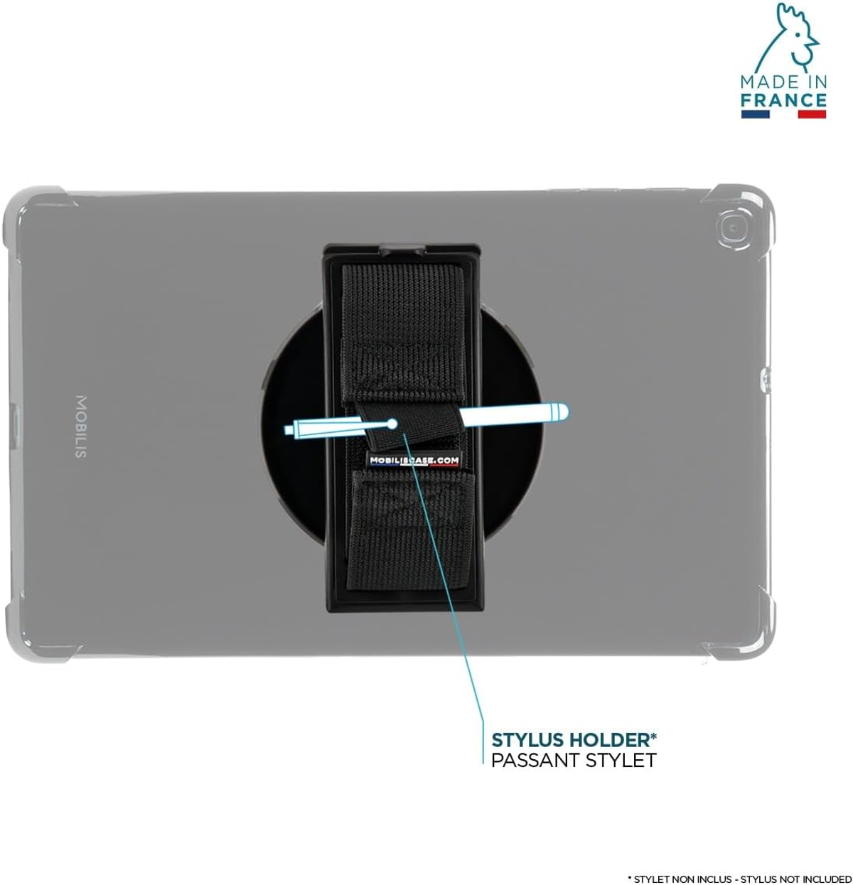 Tableta en una funda Mobius, con un soporte para lápiz. El lápiz no está incluido. El fondo es una superficie blanca.