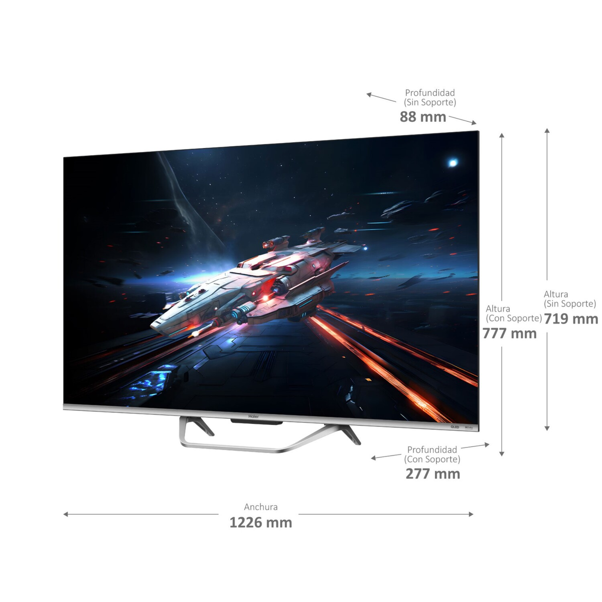Un televisor de pantalla ancha que muestra una escena de nave espacial con dimensiones en pantalla.