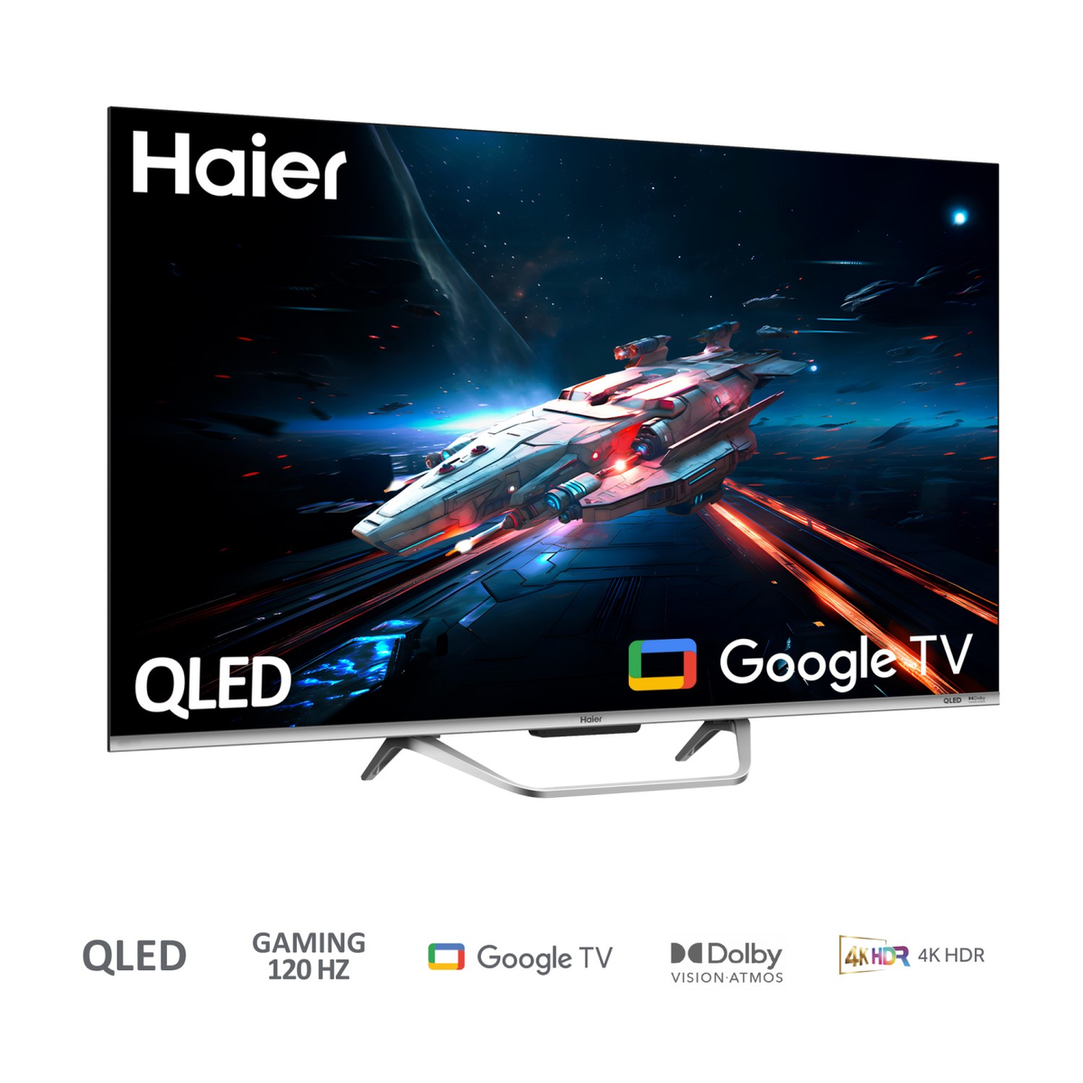 Un televisor Haier QLED Google, mostrando una escena de nave espacial. Incluye juegos, Dolby y 4K HDR.
