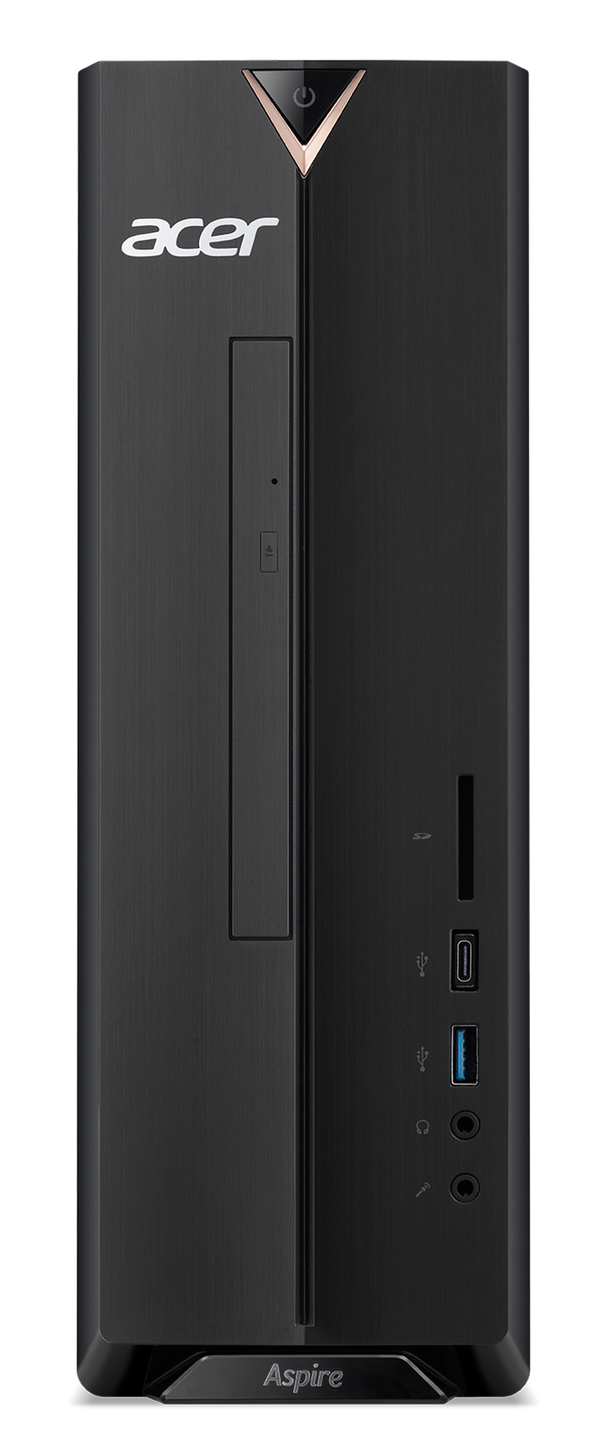 Ordenador de sobremesa Acer Aspire negro, vista frontal, con puertos y logo.
