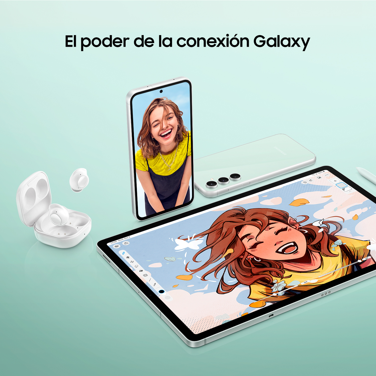 Urządzenia Samsung Galaxy: telefon, tablet i słuchawki, z grafiką kobiety.