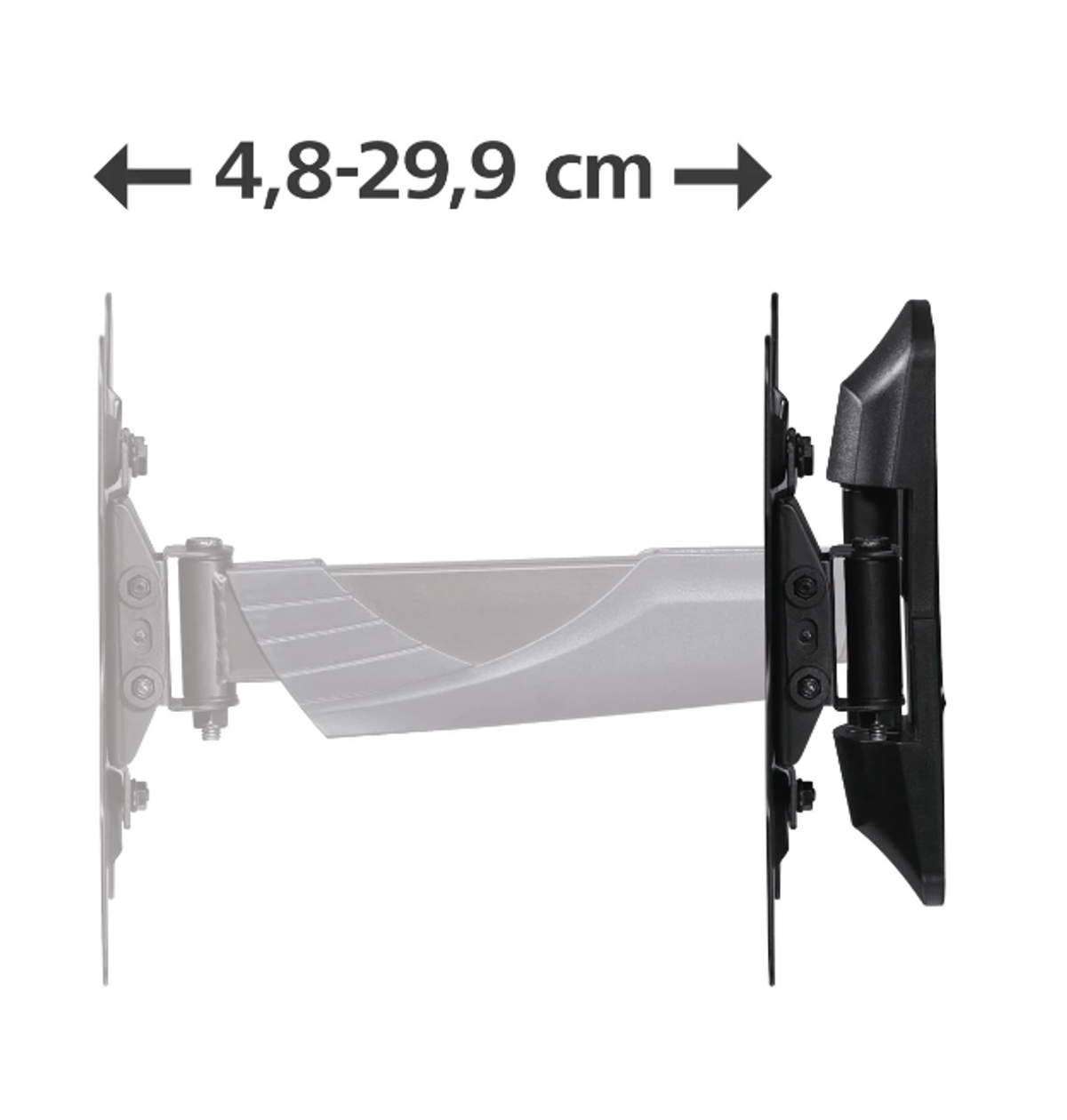 Un soporte de pared para TV negro y gris con dimensiones de 4.8-29.9 cm. Vista lateral.