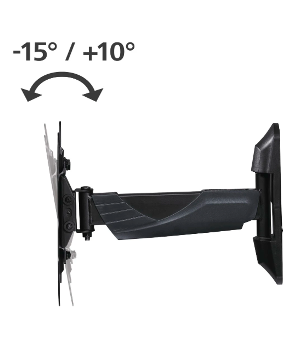 Soporte de pared para TV negro, vista lateral, con indicadores de flecha. Muestra ángulos de inclinación de -15 y +10 grados.