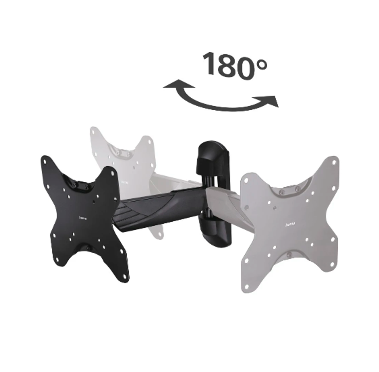 Un soporte de pared para TV negro, con flechas que indican un movimiento de rotación de 180 grados.