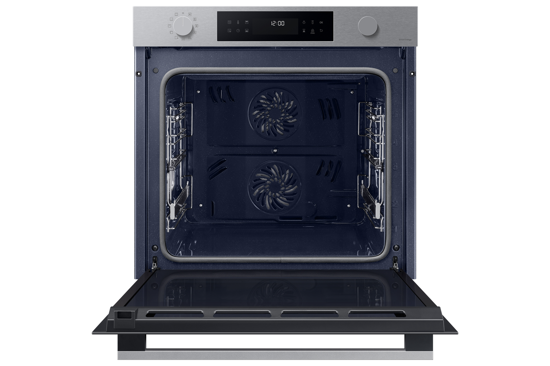 Un interior de horno abierto con dos ventiladores y un interior azul.