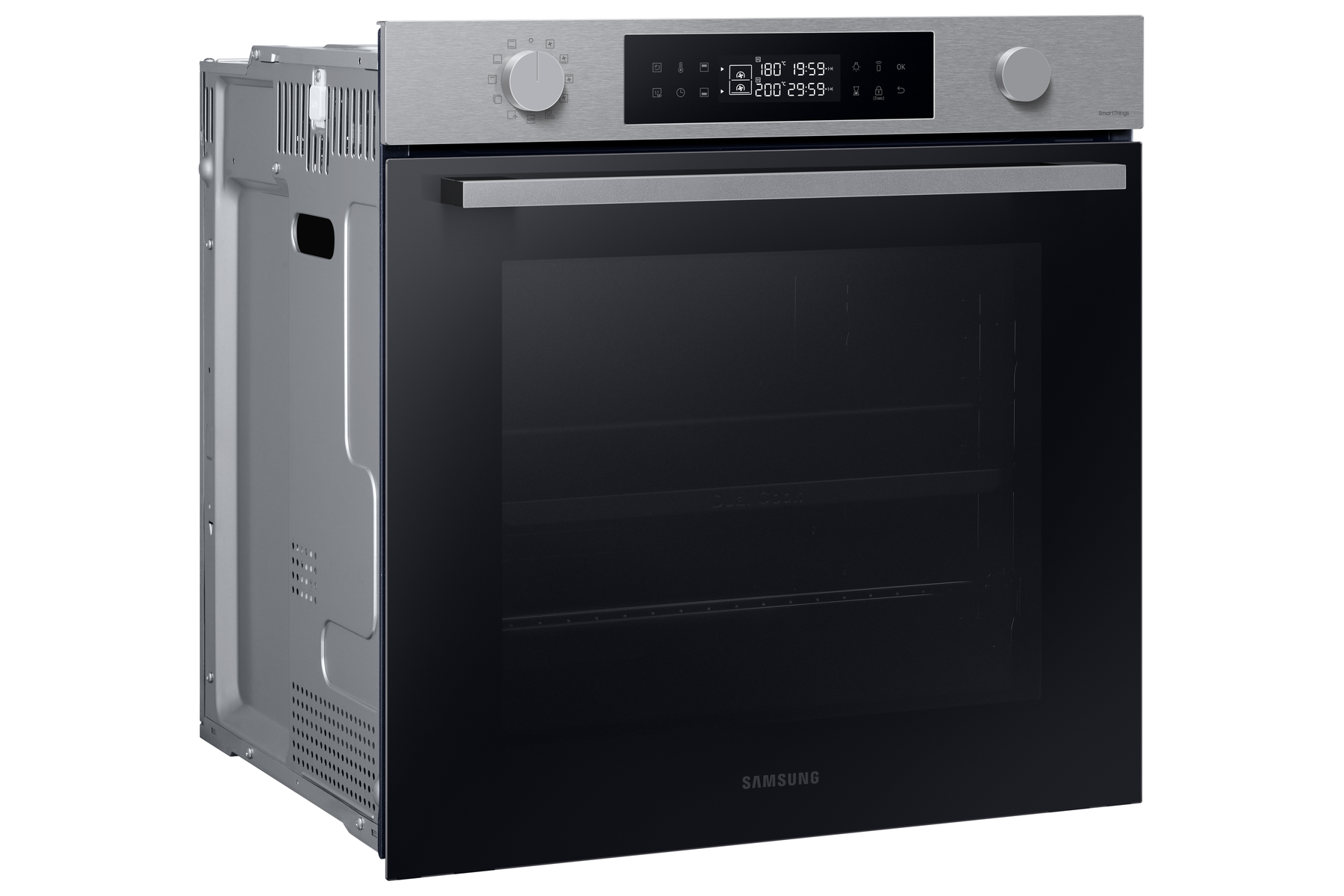 Horno Samsung de acero inoxidable y negro con puerta de cristal y pantalla.