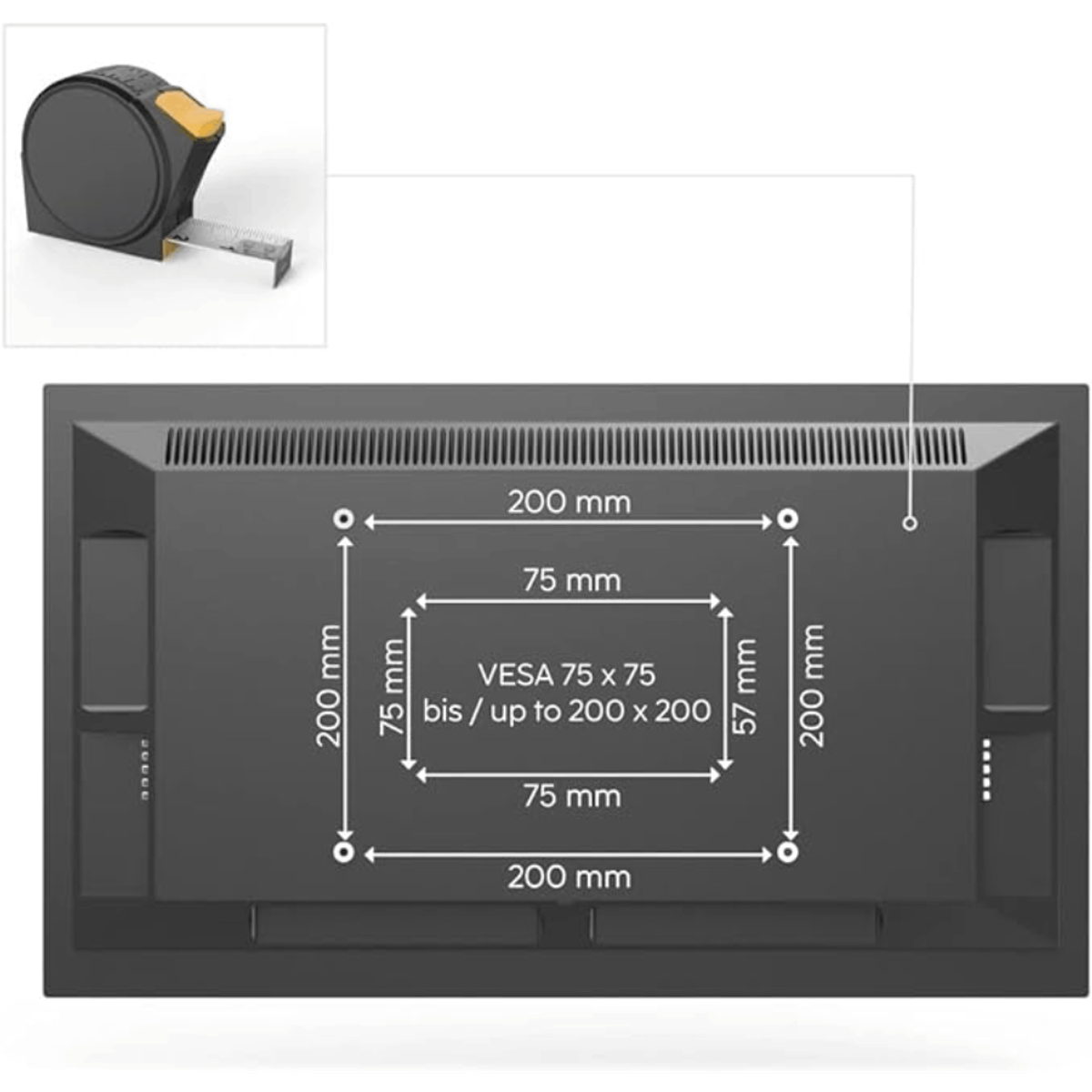 Parte trasera de TV negra con dimensiones e información VESA y cinta métrica amarilla.