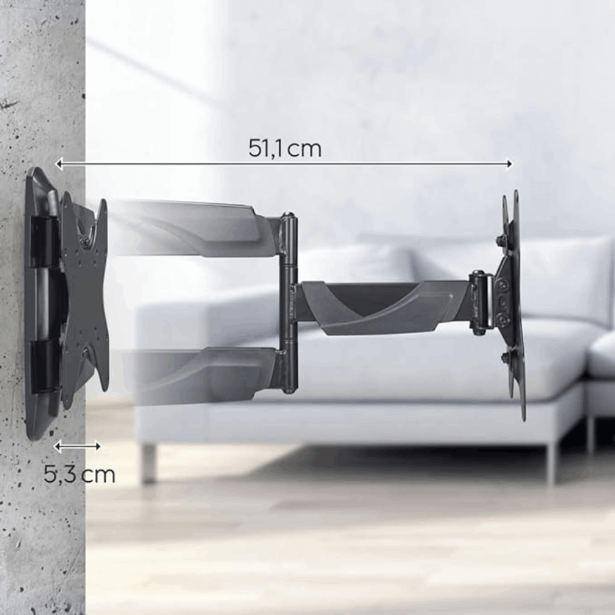 Soporte de pared para TV, negro, extendido desde una pared, mostrando medidas.
