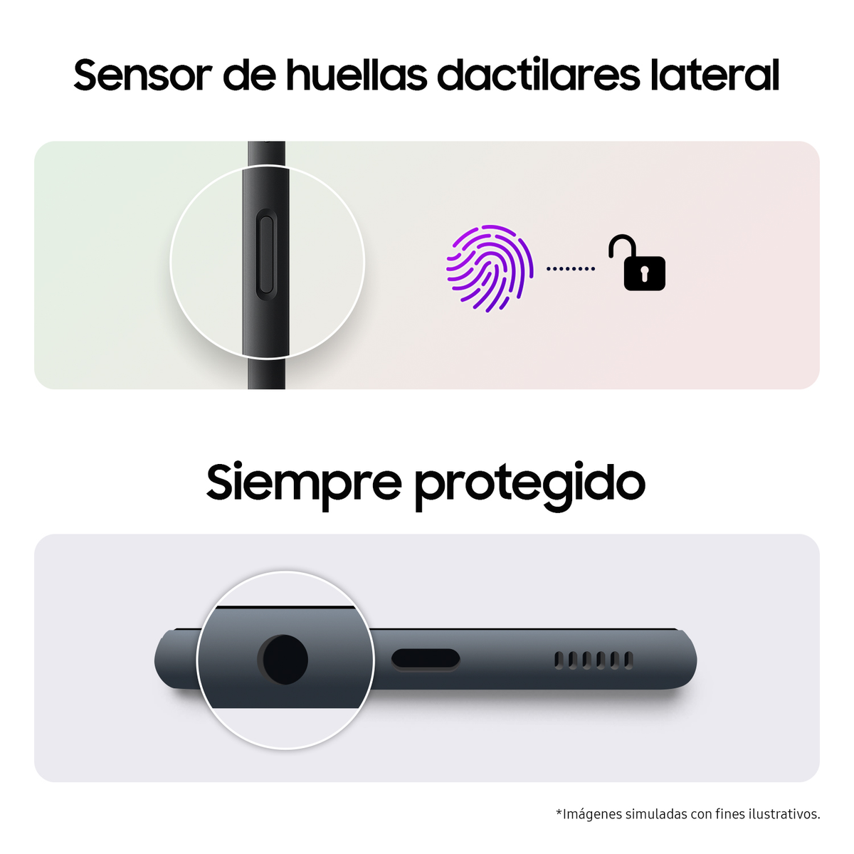 Obraz przedstawia bok telefonu z czujnikiem linii papilarnych i słowami 'Siempre protegido'.