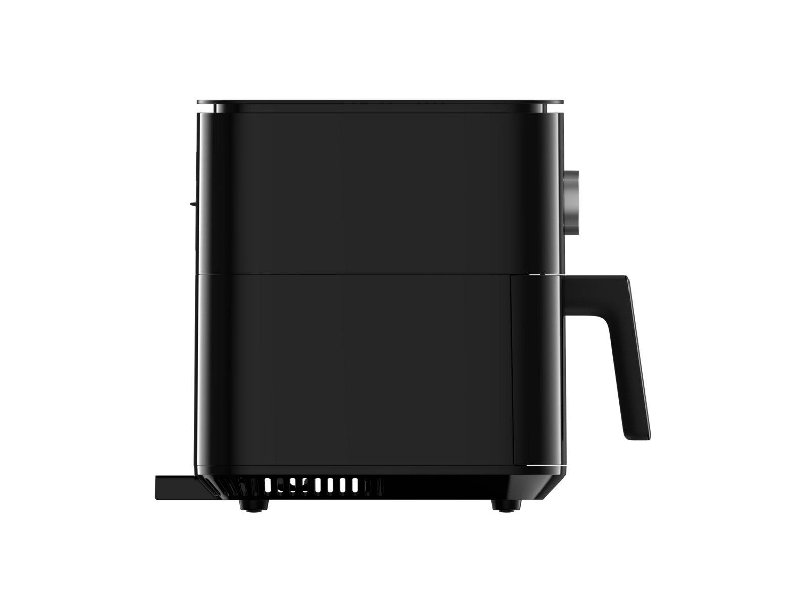 Czarna frytkownica na czarnym tle, widok z boku.