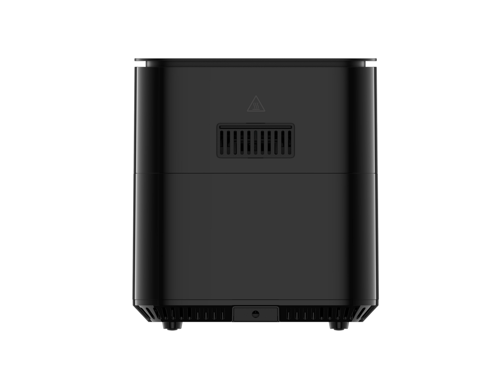 Czarny tył frytkownicy. Ma otwór wentylacyjny i uchwyt. Izolowany na czarnym tle.