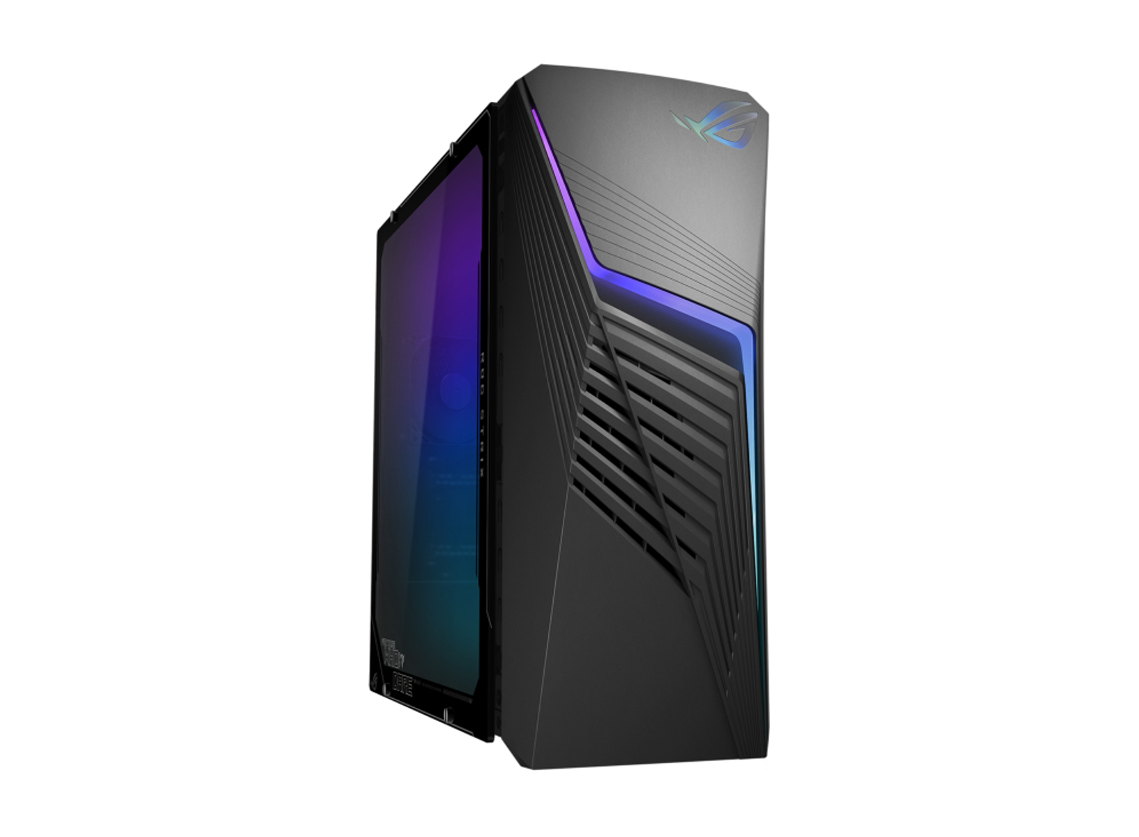Ordenador de sobremesa negro y gris con panel lateral transparente e iluminación RGB.
