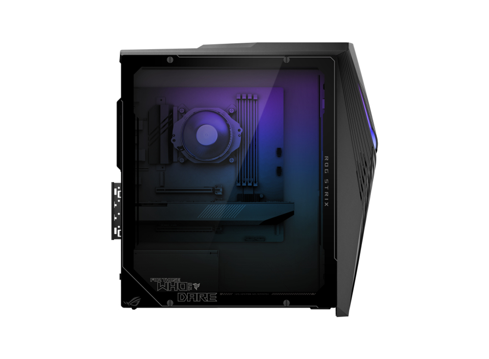Caja de ordenador negra con panel lateral de cristal, logotipo ROG STRIX. Los componentes internos son visibles.