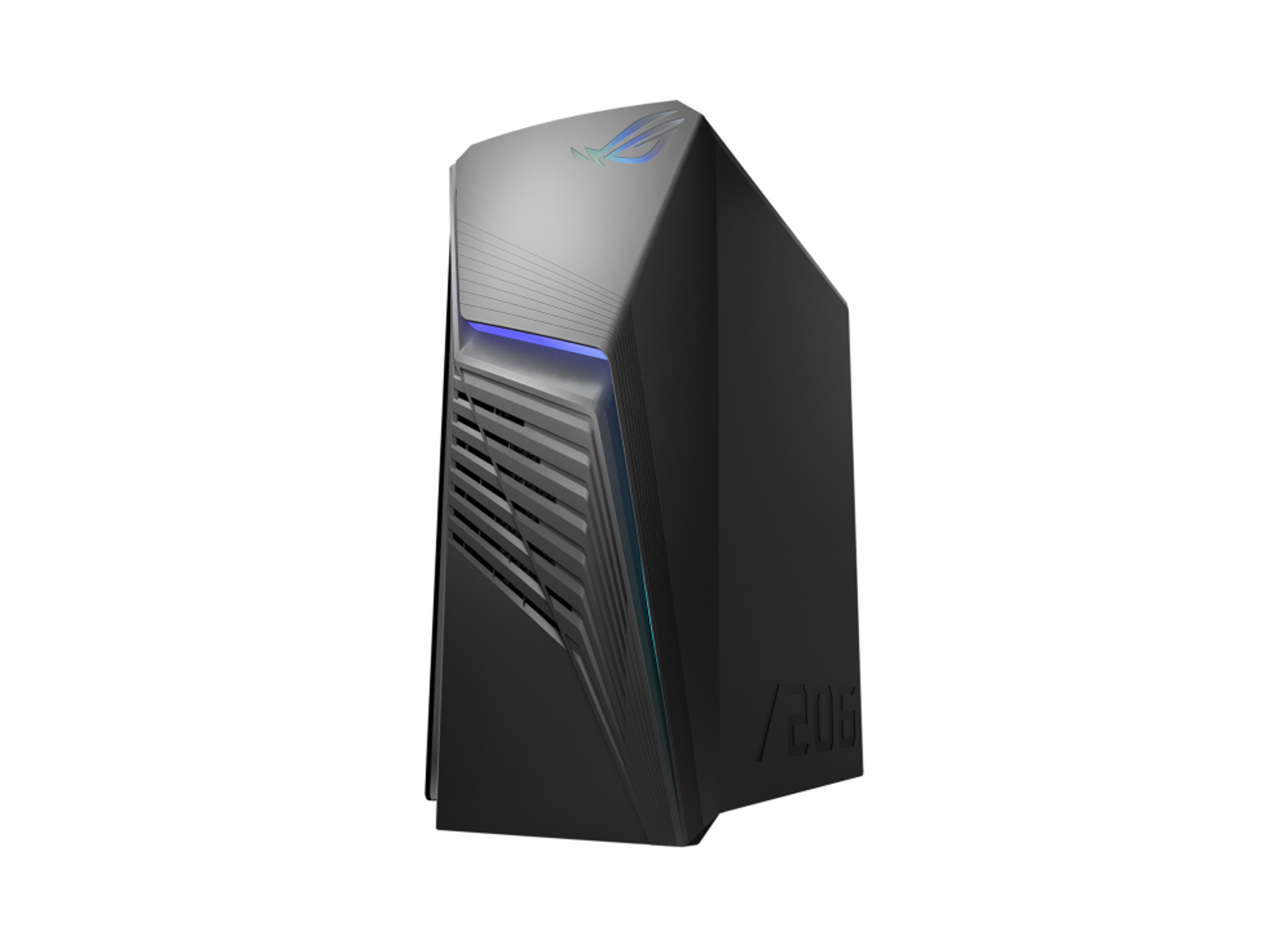 Una caja de computadora negra y gris con luces azules y verdes.
