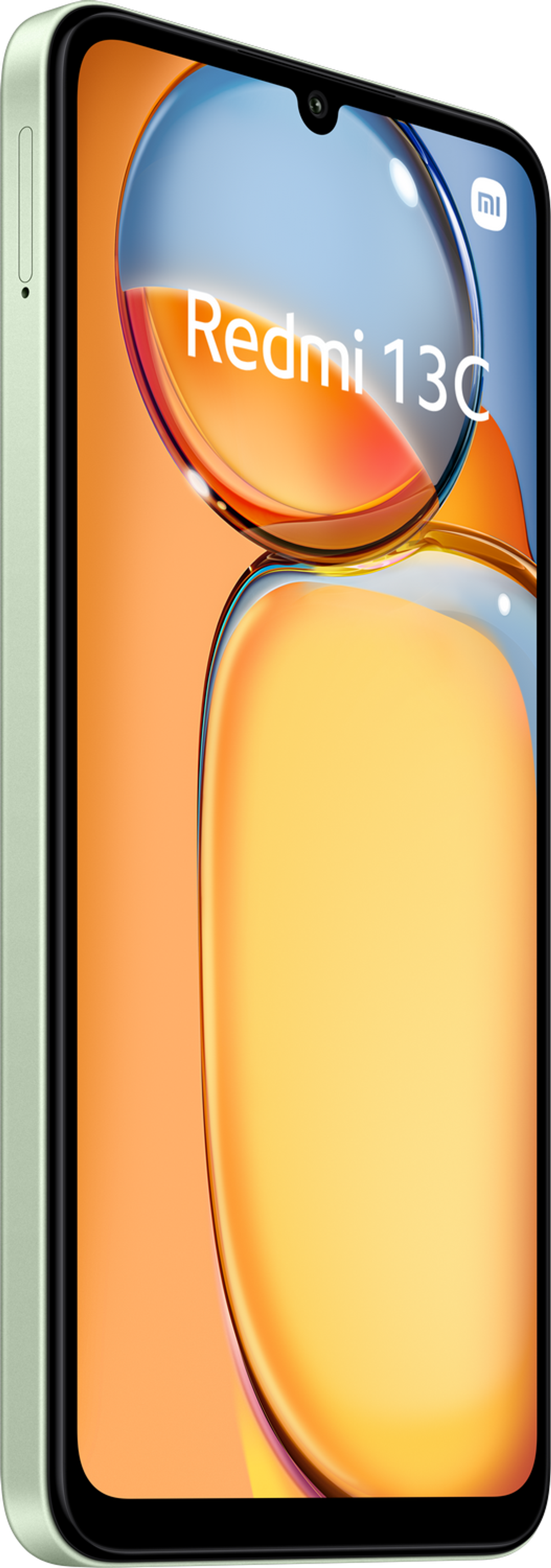 Zielony telefon komórkowy z dużym ekranem, który pokazuje pomarańczowo-żółte tło z logo Redmi.