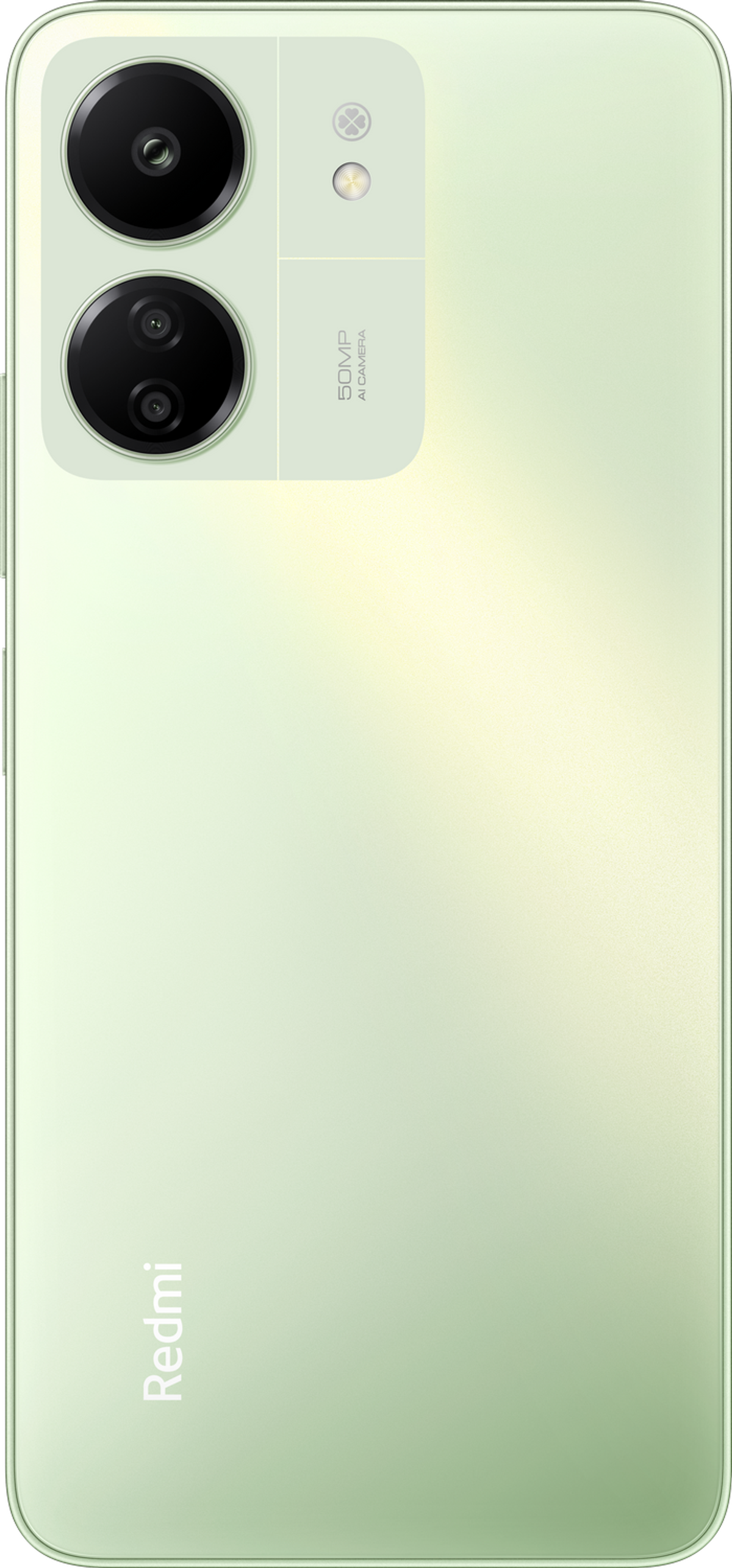 Zielony smartfon z podwójnym aparatem i napisem Redmi.