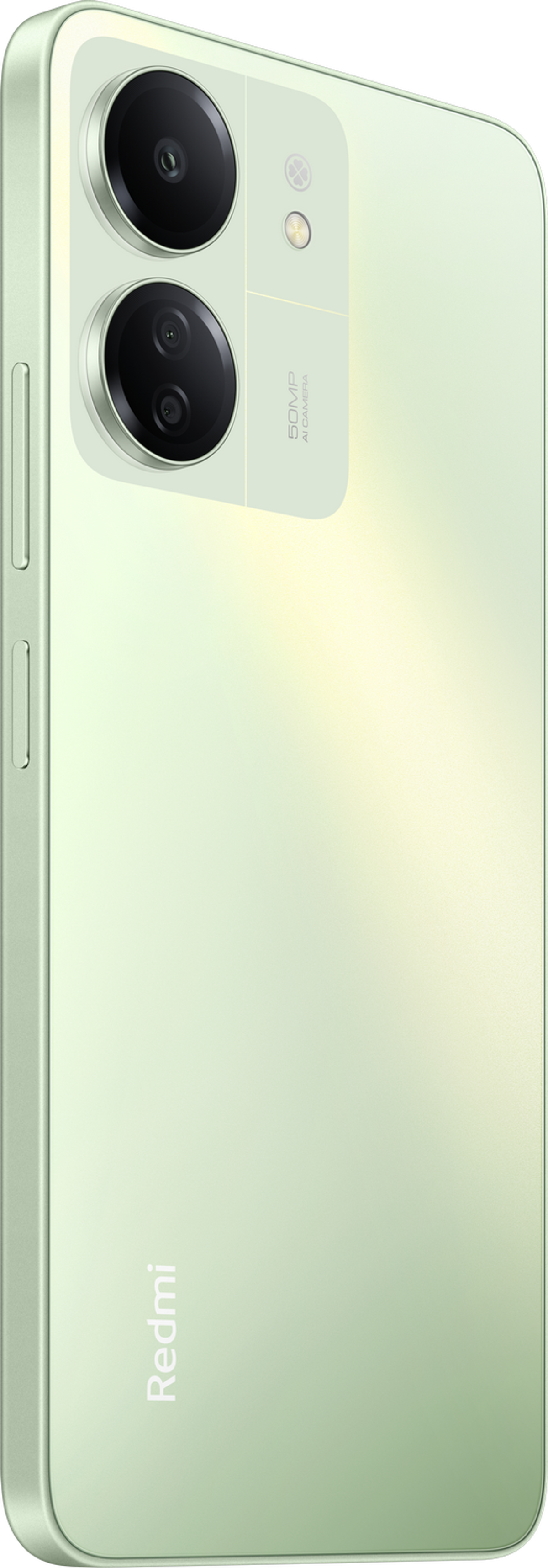 Zielony telefon z dwoma aparatami, widok z boku. Widoczna jest strona telefonu.