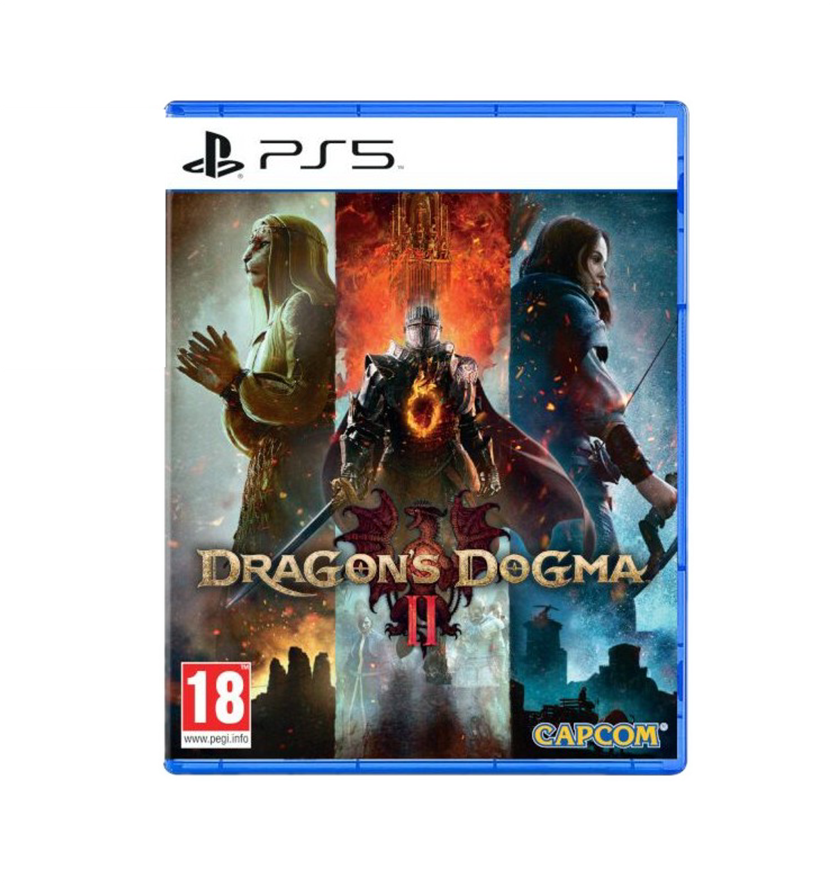 Okładka gry z trzema postaciami, tytuł to Dragon's Dogma II, gra na PS5.