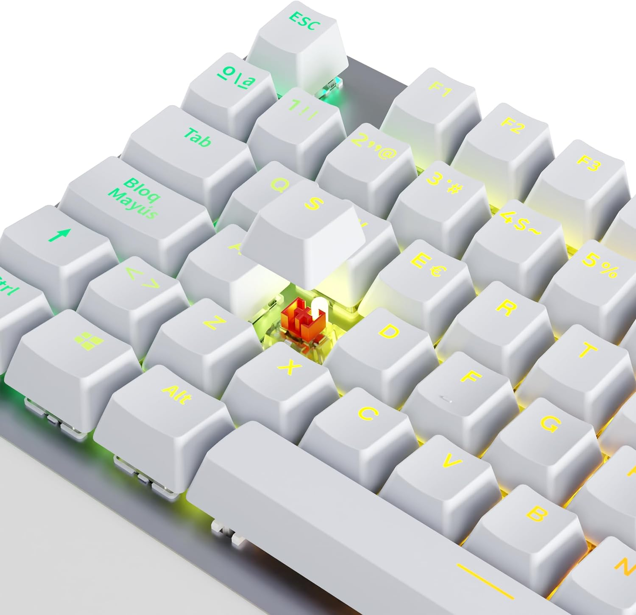 Biała klawiatura mechaniczna z podświetlanymi klawiszami. Jeden klawisz usunięto.