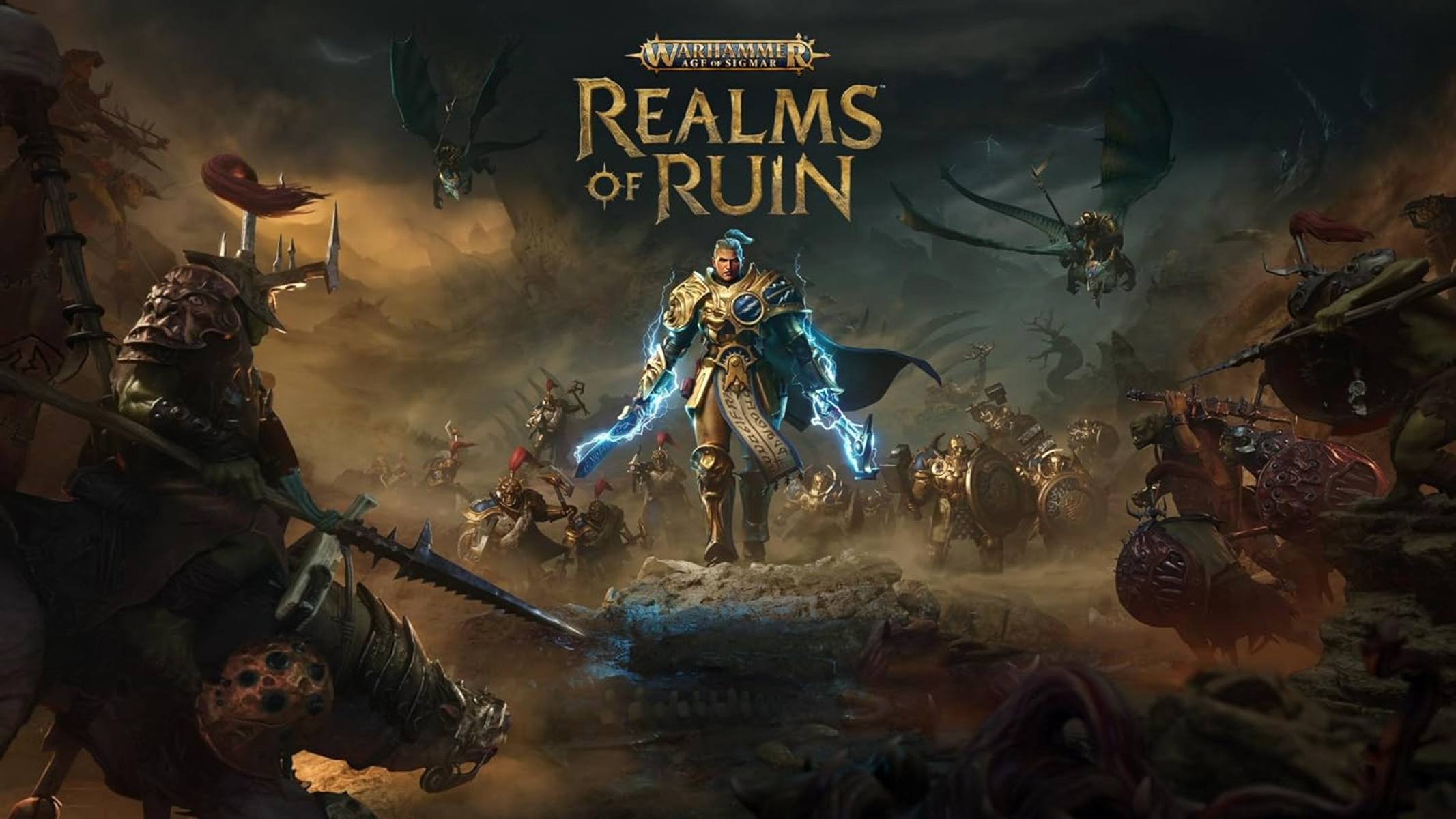 Okładka gry Warhammer Age of Sigmar: Realms of Ruin, z wojownikiem i sceną bitwy.