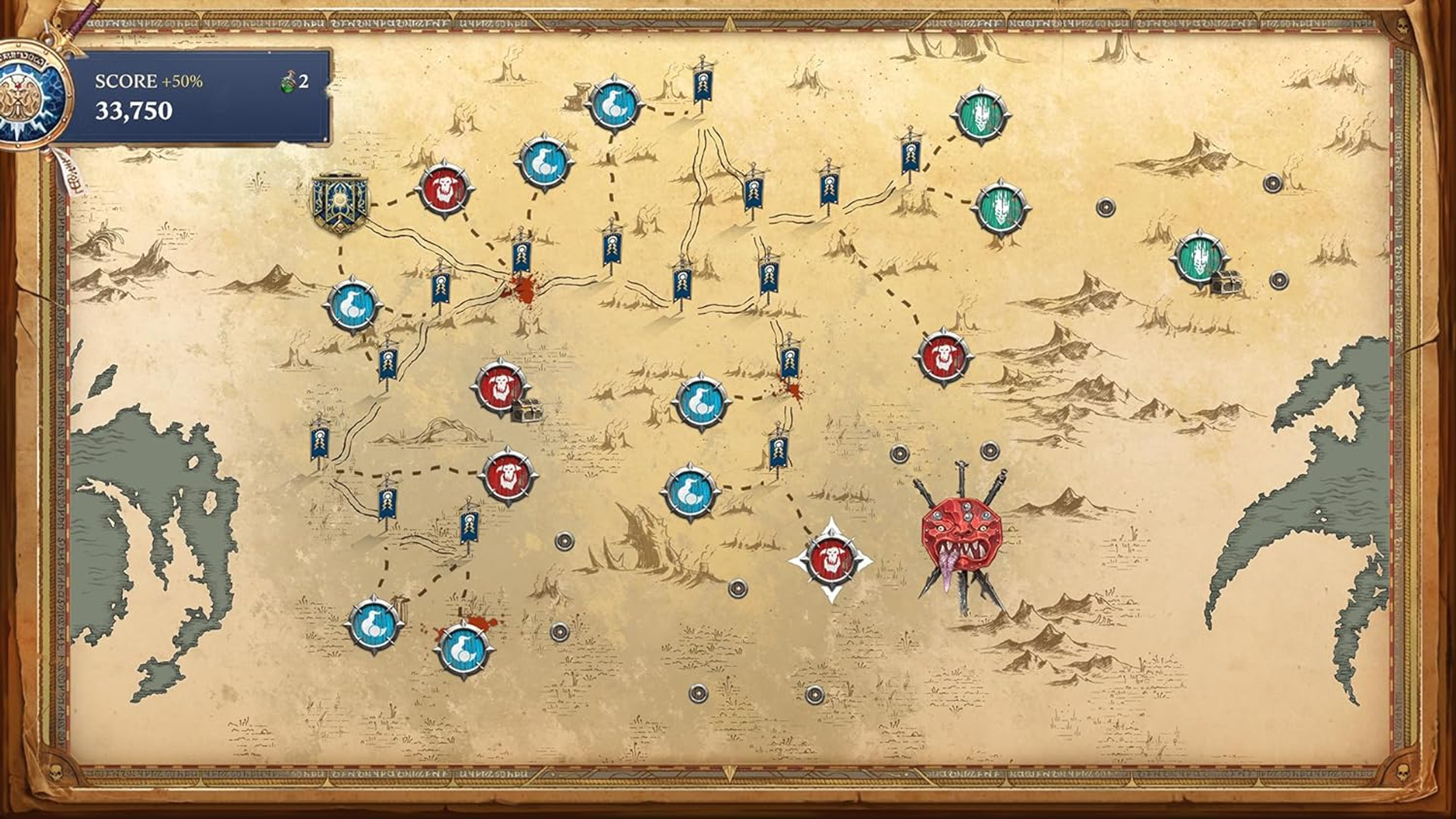 Mapa z ikonami, trasami i wyświetlaczem wyniku. Przedstawia świat fantasy z różnymi punktami zainteresowania.