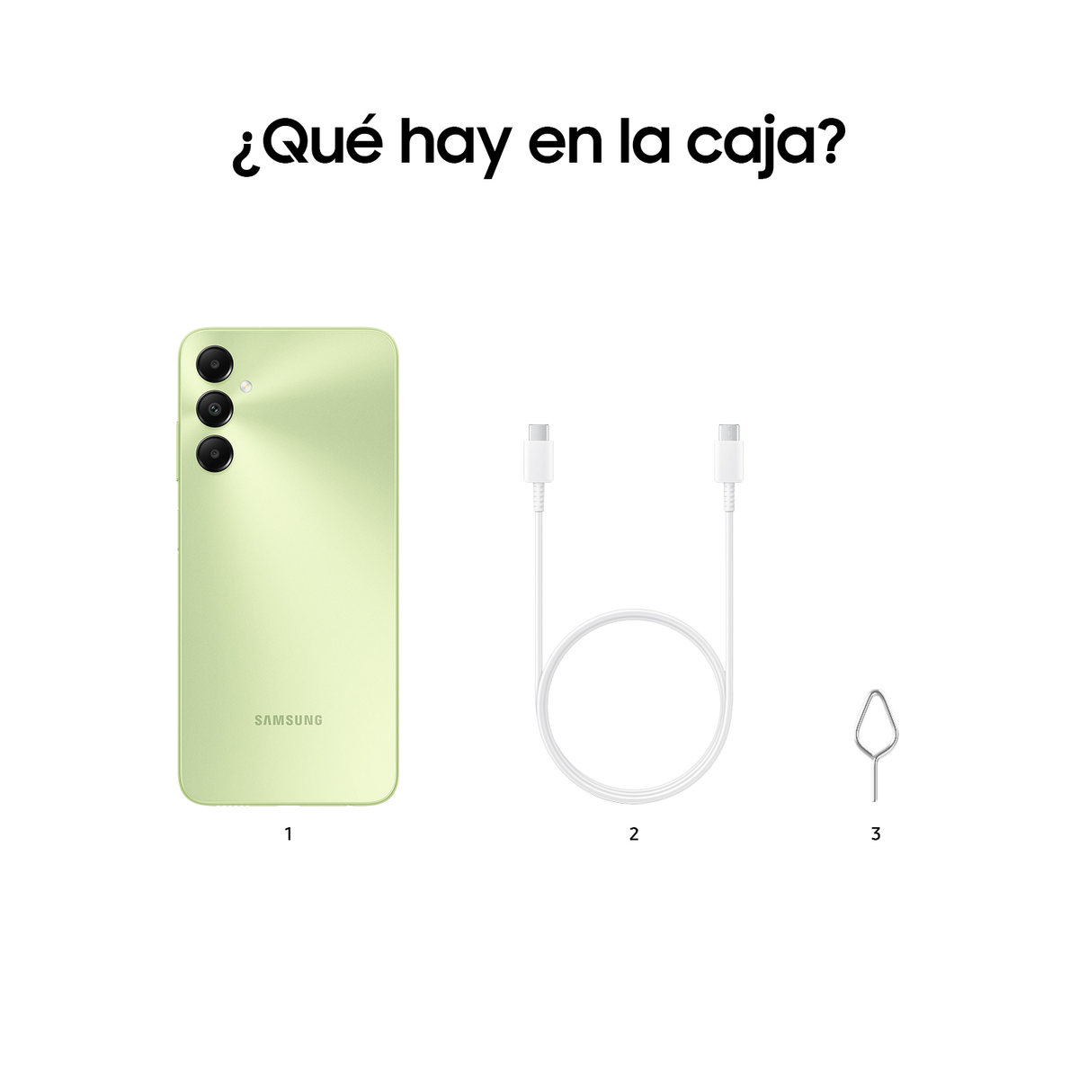 Der Inhalt der Box eines grünen Smartphones, zeigt das Telefon, ein Kabel und ein SIM-Auswurfwerkzeug.