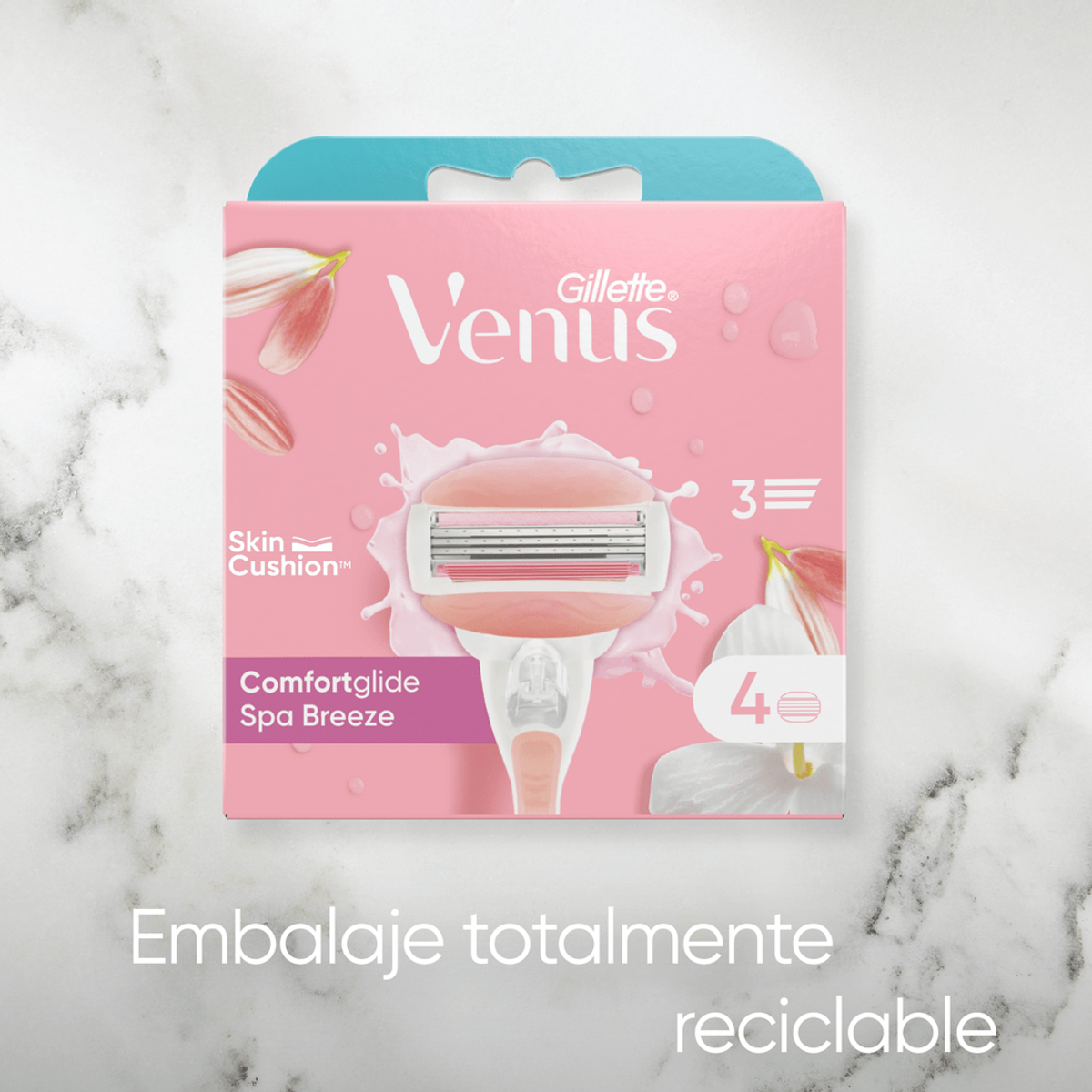 Paquete de cuchillas Gillette Venus con flores rosas, texto y embalaje reciclable.