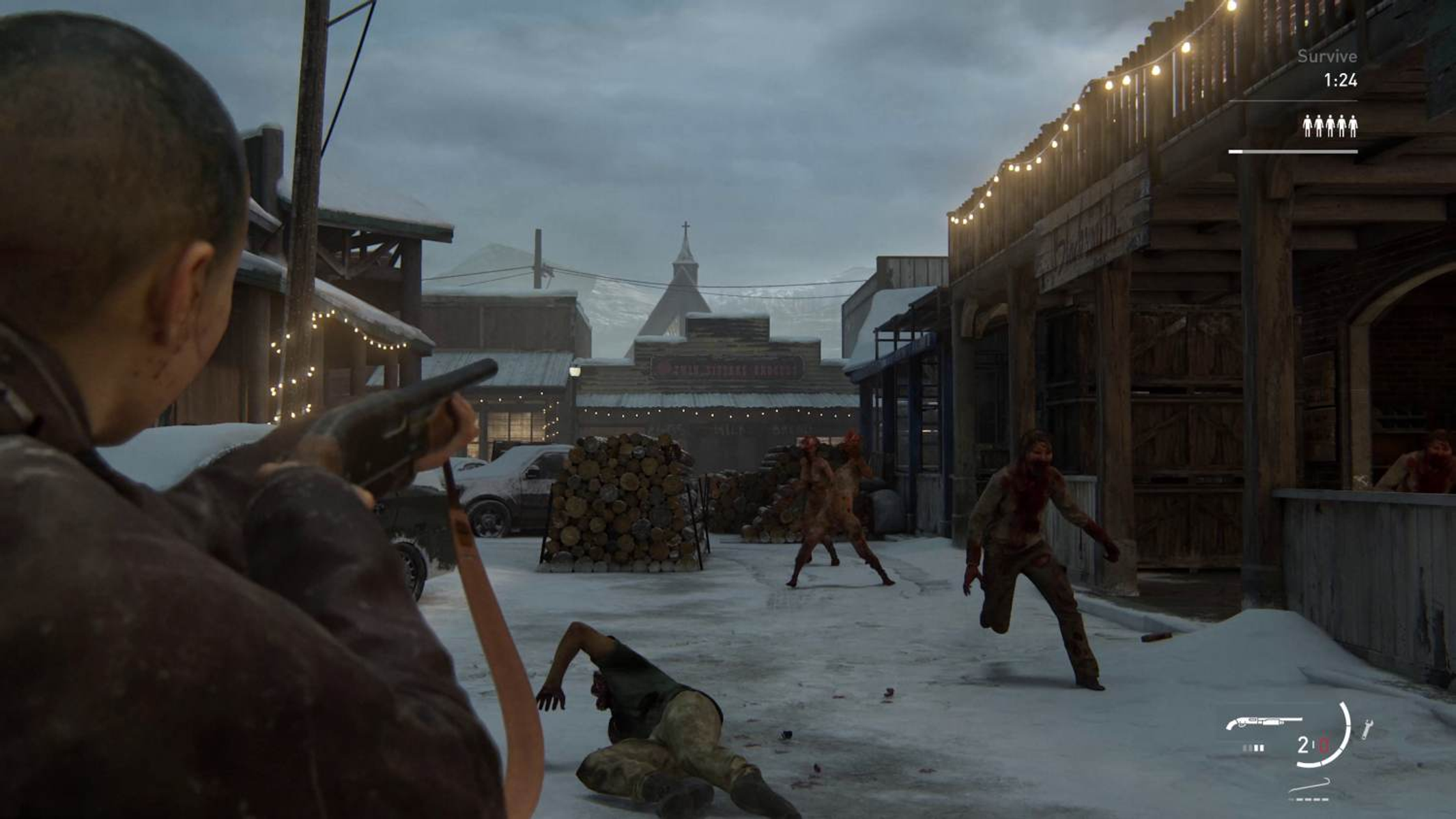 Una scena di un videogioco con personaggi che sparano a zombi in una città innevata.