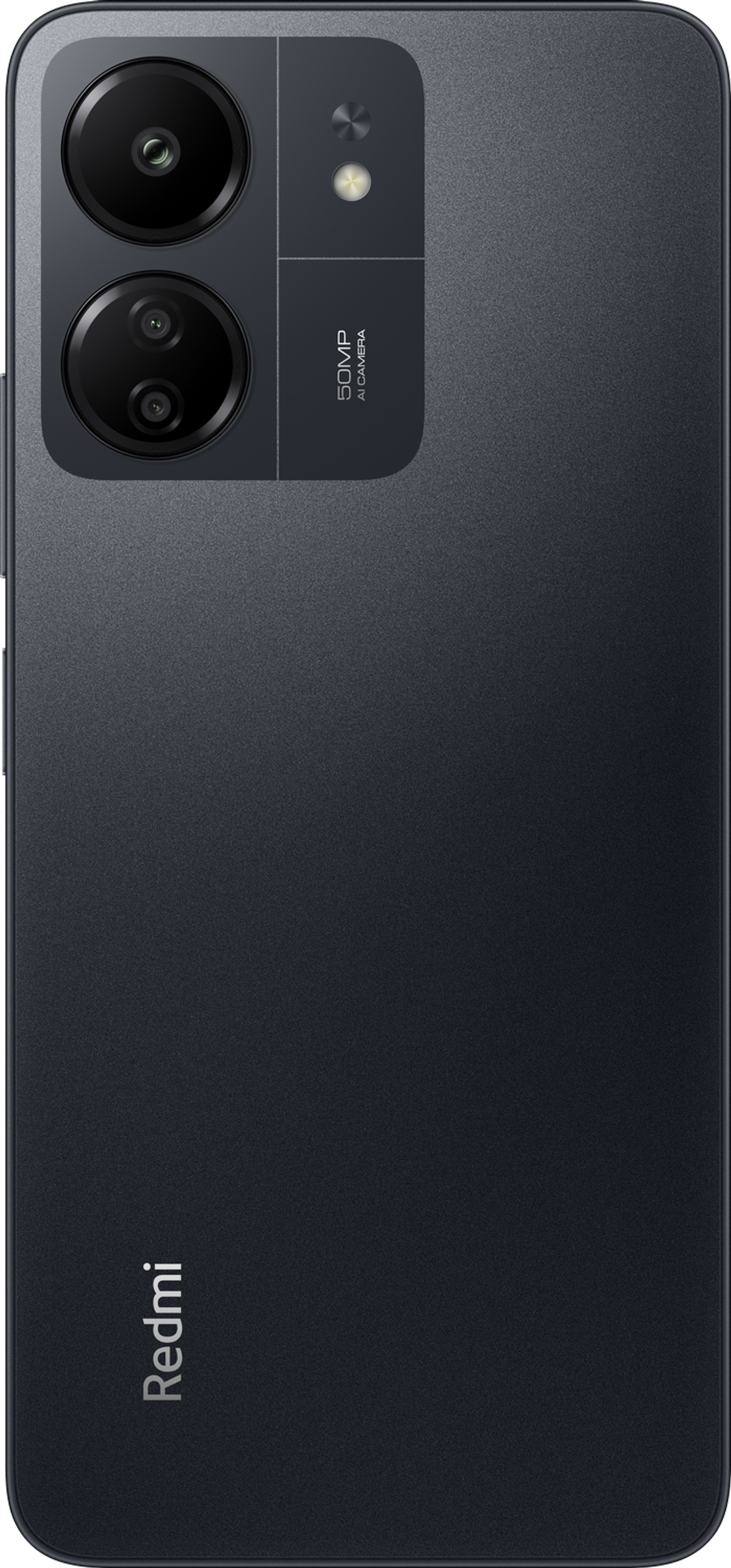 Czarny smartfon z dwoma aparatami i logo Redmi, na białym tle.