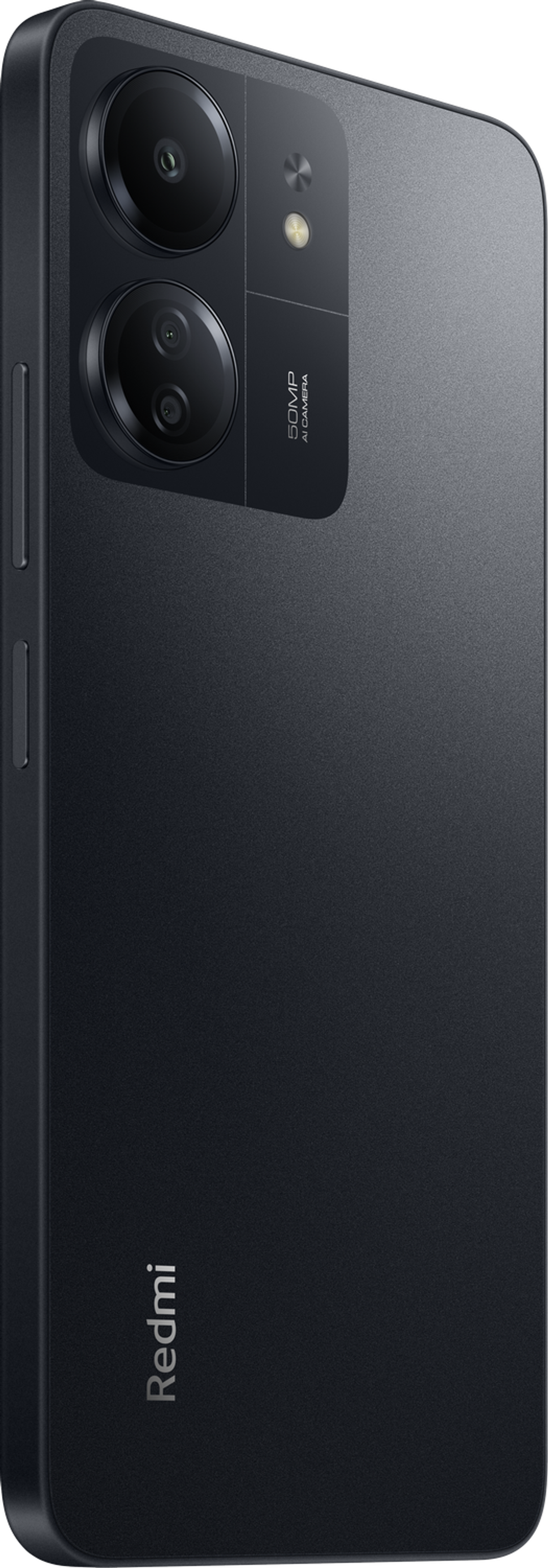 Czarny smartfon, pokazujący aparat z tyłu, widok pod kątem.
