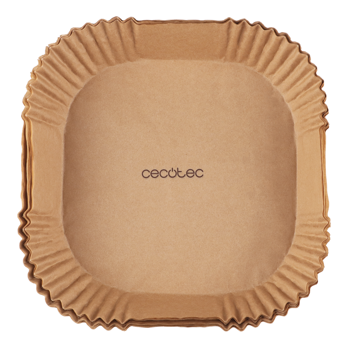 Forros cuadrados marrones para freidora de aire con bordes ondulados, dispuestos sobre un fondo negro, con el logo 'cecotec'.